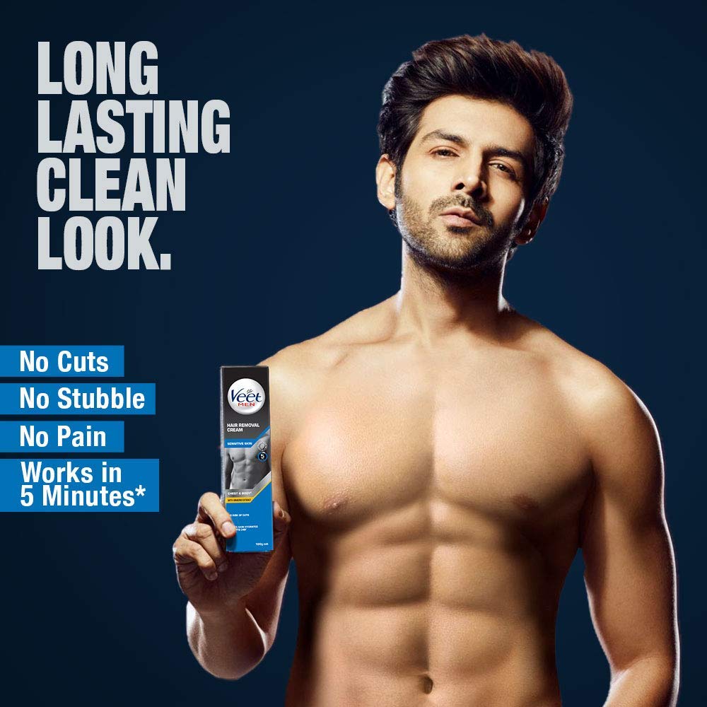 Veet Hair Removal Cream for Men - Sensitive Skin Formula, 100g | Painless & Gentle Depilatory for Chest, Back & Legs | Fast & Effective Hair Removal Solution