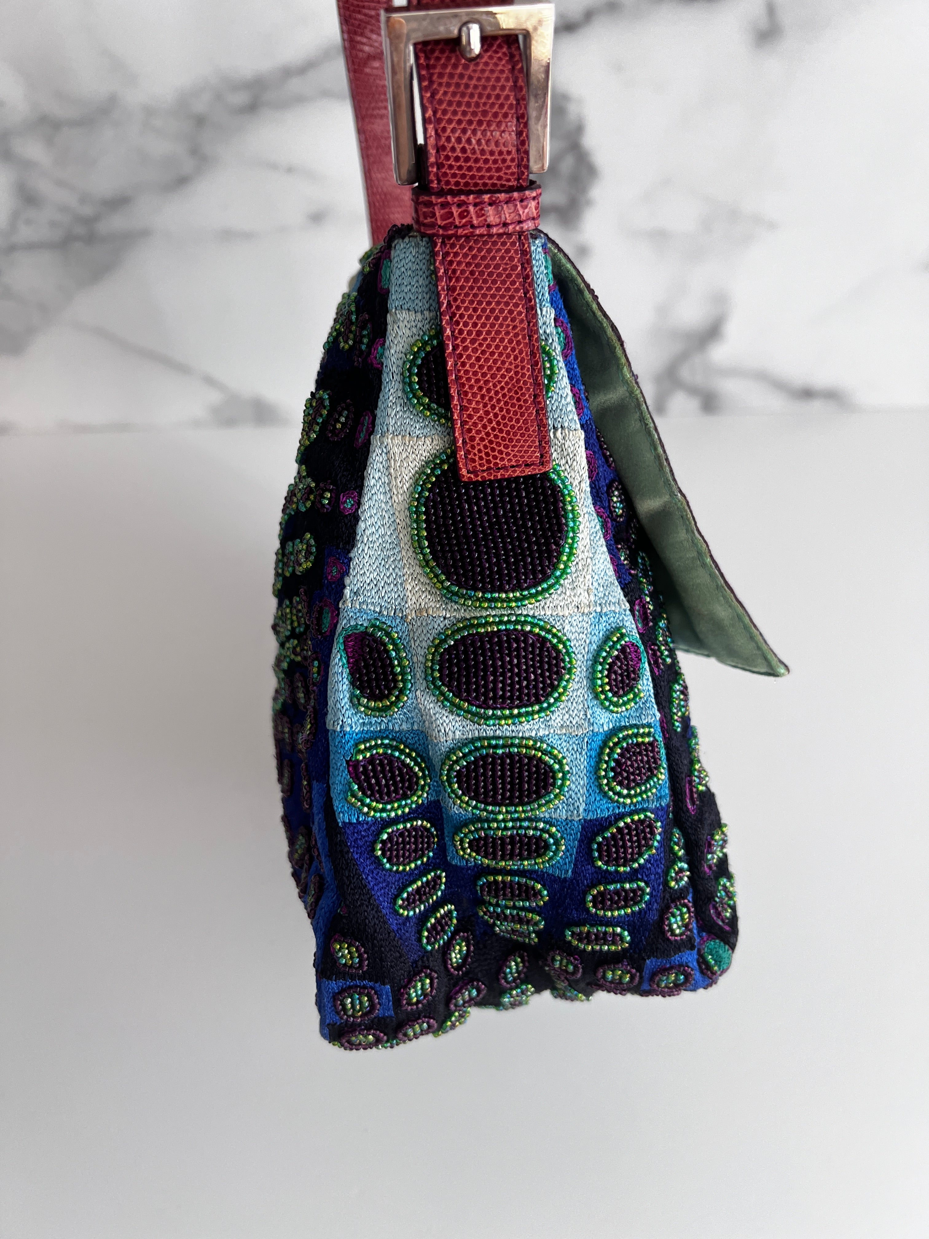 Fendi Mamma Size Deep Ocean Beaded Baguette Bag - Luxury Designer Crossbody Purse for Women, Perfect for Evening Parties & Special Occasions