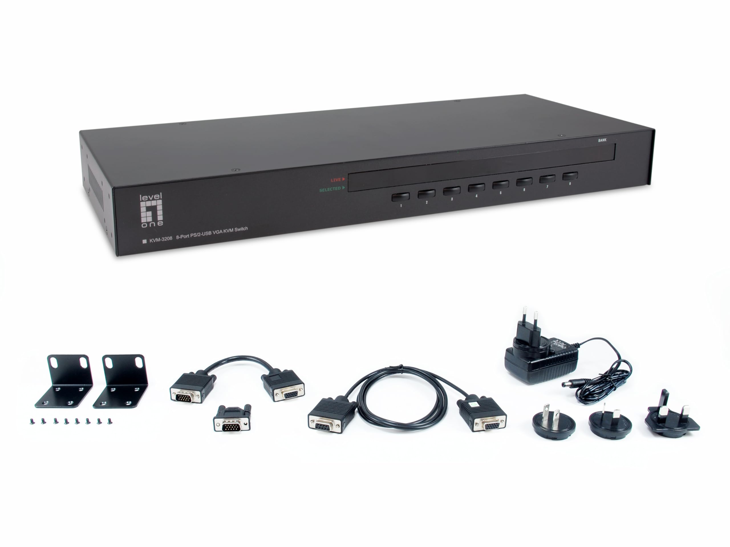 LevelOne KVM-3208 8-Port PS/2 & USB VGA KVM Switch for Server Rack & Multi-Computer Control - Ideal for Data Centers, IT Labs & Office Workstations
