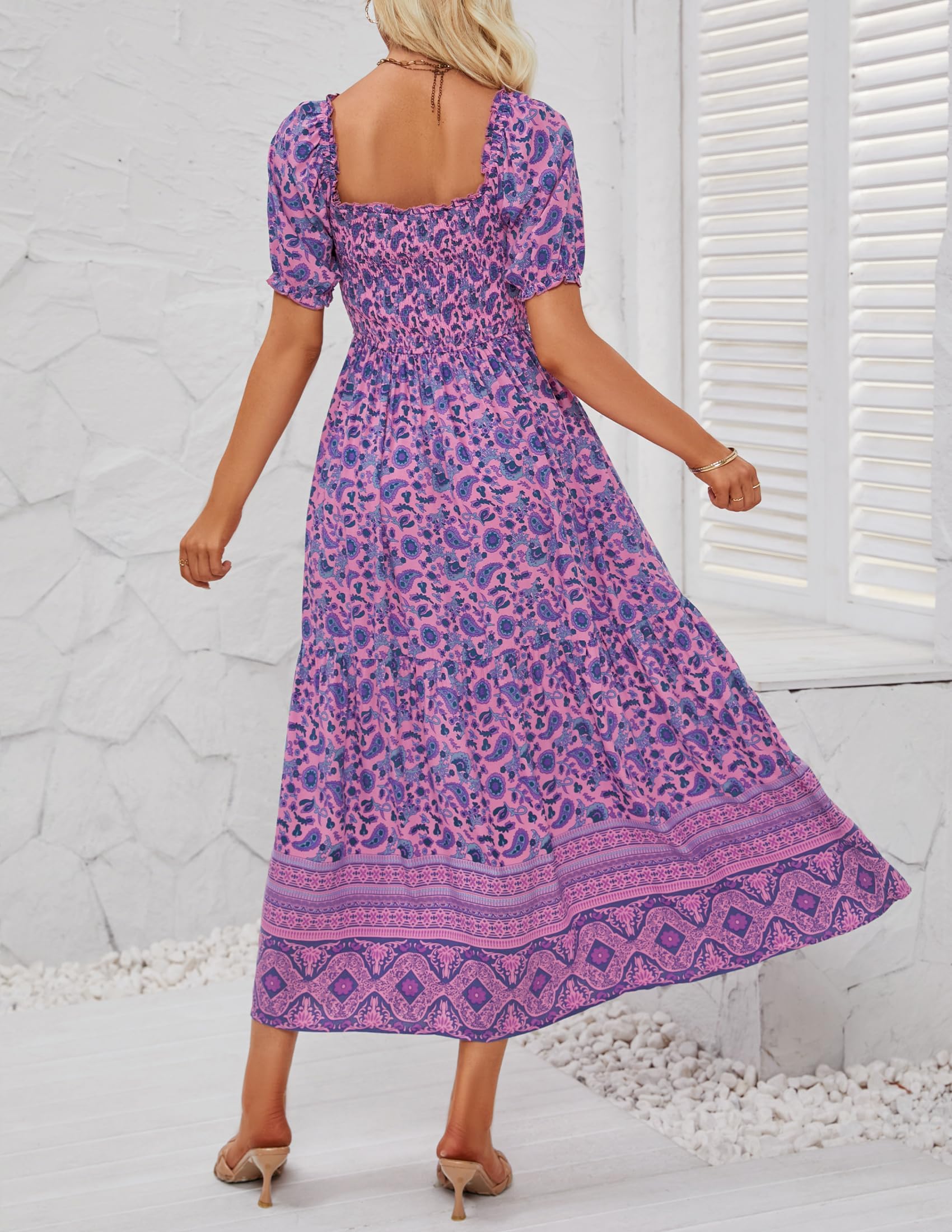 ZESICA Women's 2025 Summer Boho Floral Print Square Neck Ruffle Swing Beach Long Maxi Dress - Perfect for Vacation, Wedding Guest, and Beach Party Outfits