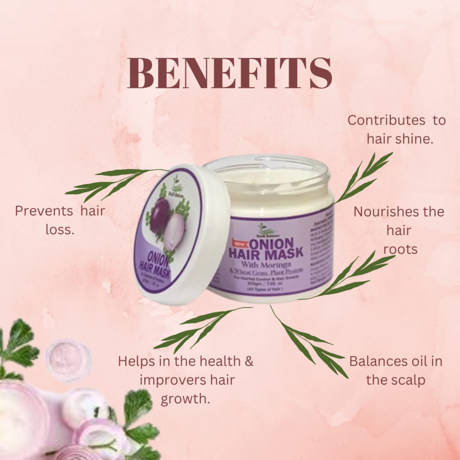Kalit Natures Onion Hair Mask with Moringa & Wheat Grass Protein - 200g for Hair Fall Control & Growth | Deep Conditioning Treatment for Damaged Hair | Perfect for Dry, Frizzy & Thin Hair Care Routine