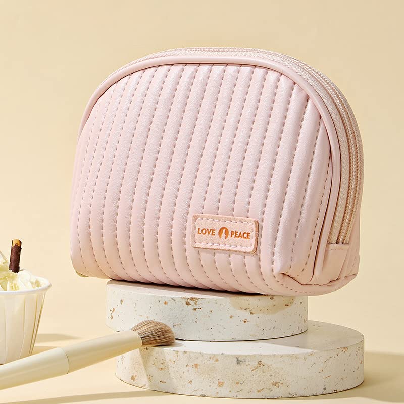 Mini Makeup Pouch with Zipper - Small Cosmetic Bag for Purse, Cute Pink & Cream Travel Organizer for Daily Essentials & Period Products | Perfect for School, Office & Travel
