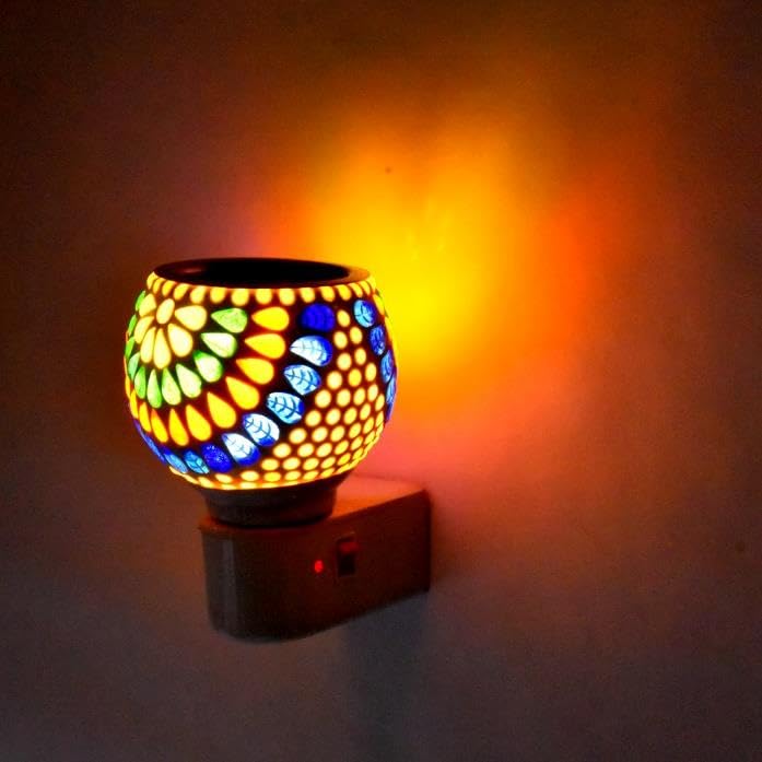 Indian Sky Pure Air Karpure Camphor Electric Diffuser - Ceramic Kapoor Dani with On/Off Switch & Night Light | Smoke-Free Aromatherapy for Home, Office, Yoga & Meditation | IS-M-13 MLTI Design
