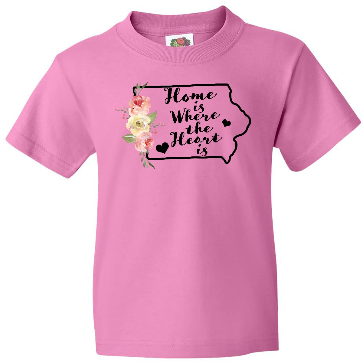 Inktastic Iowa Home is Where The Heart is Watercolor Floral Youth T-Shirt - Soft Cotton Kids Tee for School, Play & Family Outings