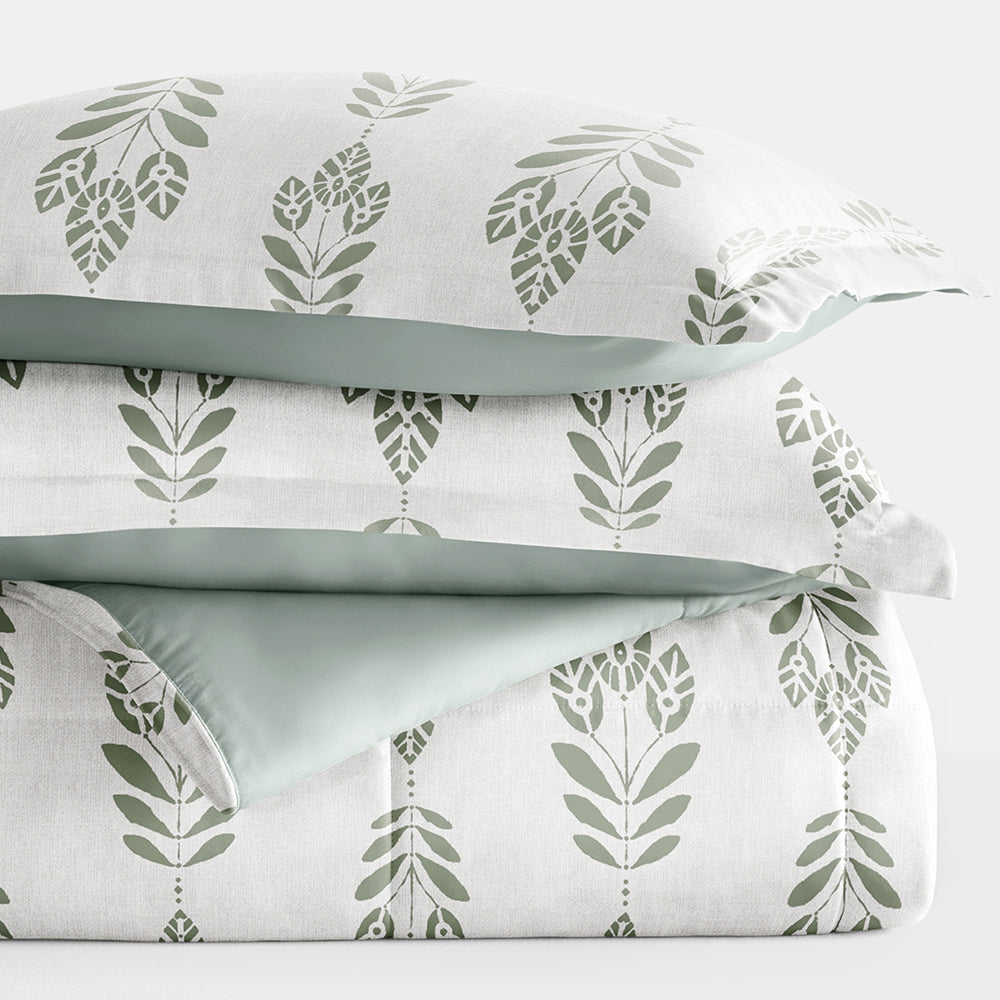 Folk Leaves Reversible Down Alternative Comforter Set - Hypoallergenic & Breathable Bedding for All Seasons | Perfect for Guest Rooms, Master Bedrooms & Cozy Nights