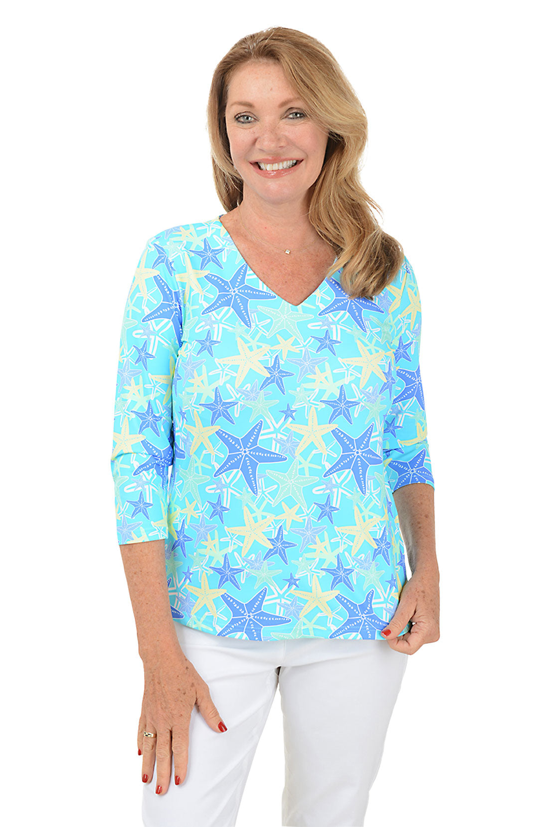 Starfish Explosion Classic UPF50+ V Neck Top for Women - Sun Protection Beachwear, Swim Cover Up, Summer Vacation Outfit