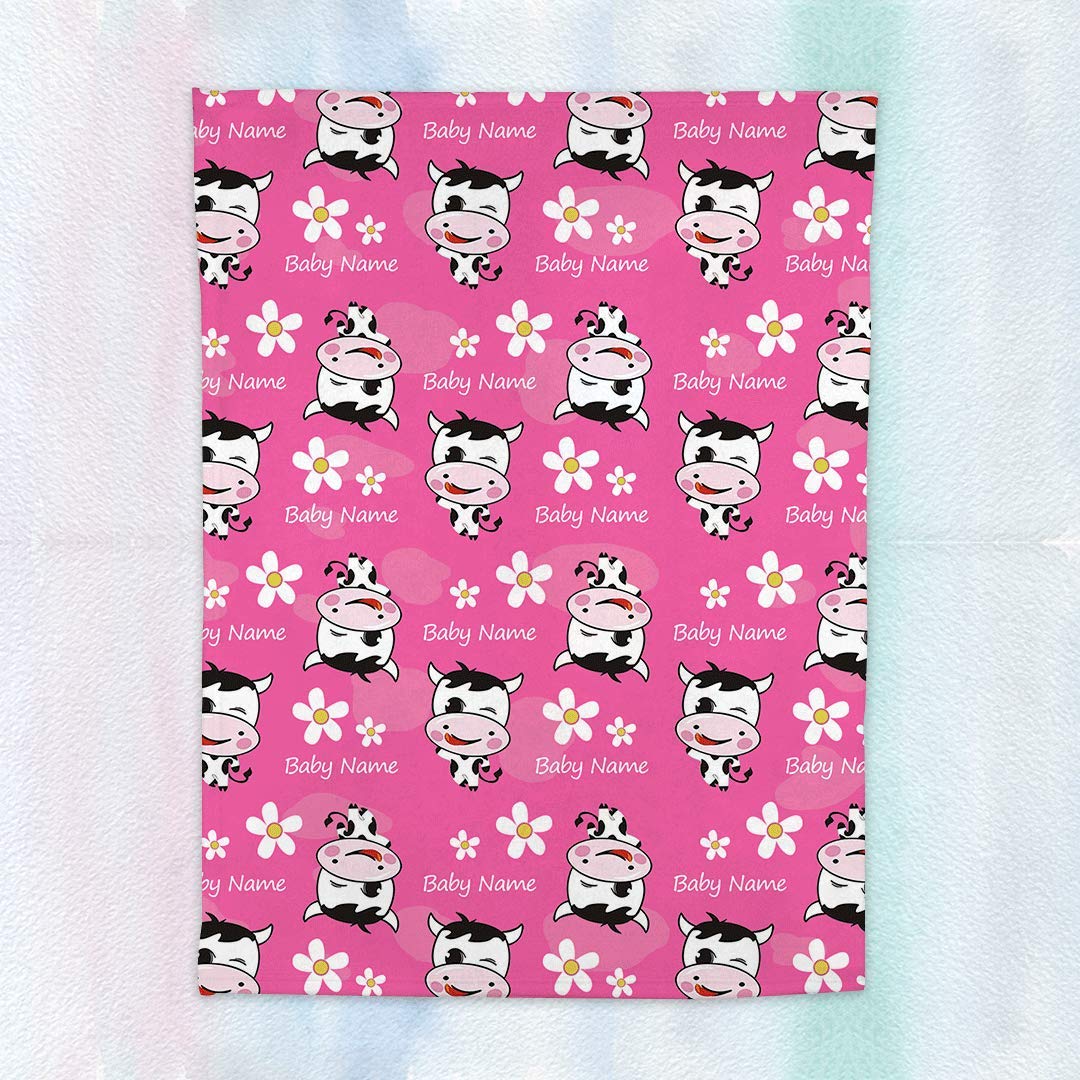 Custom Personalized Cow Baby Blanket for Boys & Girls - Soft Plush Cow Print Blanket with Name - Newborn Infant Toddler Gift - Nursery Decor, Baby Shower Present, Cozy Swaddle & Stroller Blanket