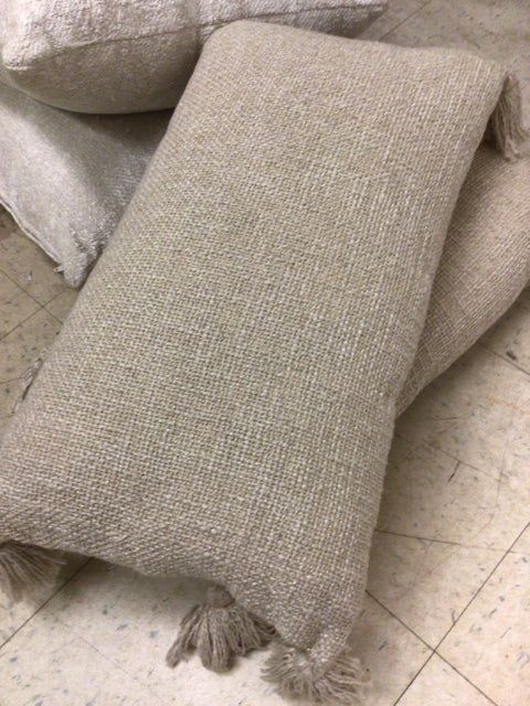 Dwell Studios Beige Lumbar Pillow with Tassels - Decorative Throw Pillow for Sofa, Bed & Couch - Boho Home Decor Accent Pillow for Living Room, Bedroom & Nursery