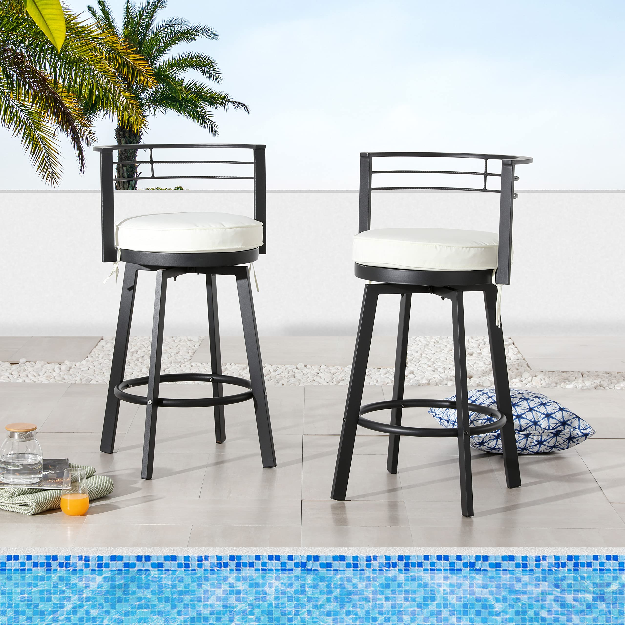 LOKATSE HOME 2-Piece Outdoor Swivel Bar Stools Set - Armless Bistro Chairs with Cushions, Patio Height Metal Barstools for Backyard, Deck, Garden & Poolside - Weather-Resistant Outdoor Furniture