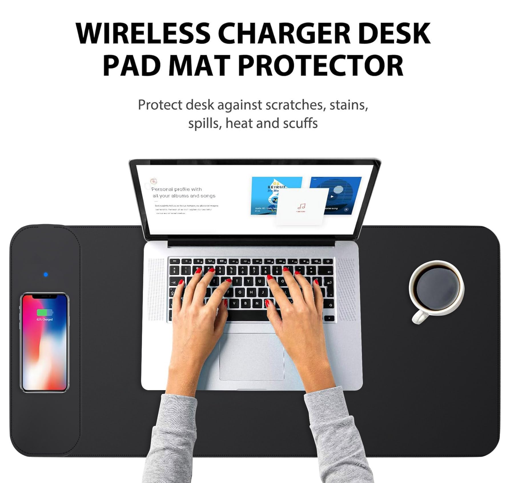 15W Fast Wireless Charging Mouse Pad with Phone Charger - 28.7 x 13 Inch Non-Slip Faux Leather Large Mousepad for Computer, Laptop, MacBook (Black) - Perfect for Office, Gaming & Home Workspace