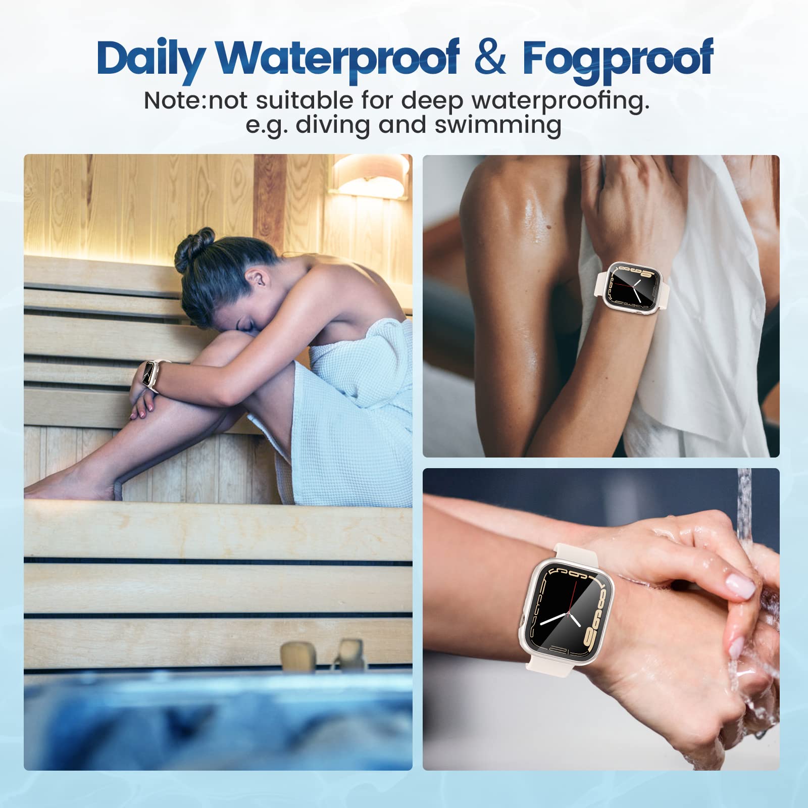 2 Pack Waterproof Case for Apple Watch Series 9/8/7 (41mm) - Tempered Glass Screen Protector with 360° Protective PC Cover & Front/Back Bumper - Perfect for Swimming, Sports & Outdoor Activities (Starlight)