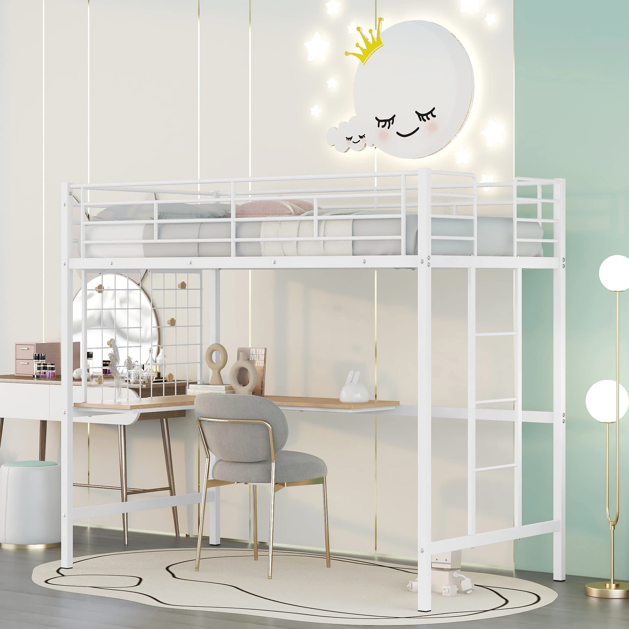 Twin Size Loft Bed with Desk & Shelf - Sturdy Metal Loft Bed Frame with Ladder & Safety Rails - Space-Saving Study & Sleep Solution for Kids, Teens & Adults (White) - Perfect for Small Bedrooms, Dorms & Studio Apartments