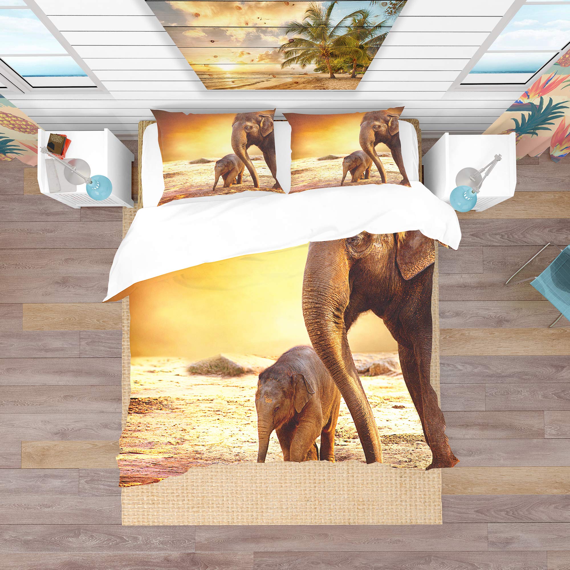 DesignQ Elephant Mother and Baby Traditional Duvet Cover Set - Queen Size Yellow Animal Print Bedding (3-Piece) for All Seasons | Perfect for Nursery, Guest Room & Bohemian Bedroom Decor