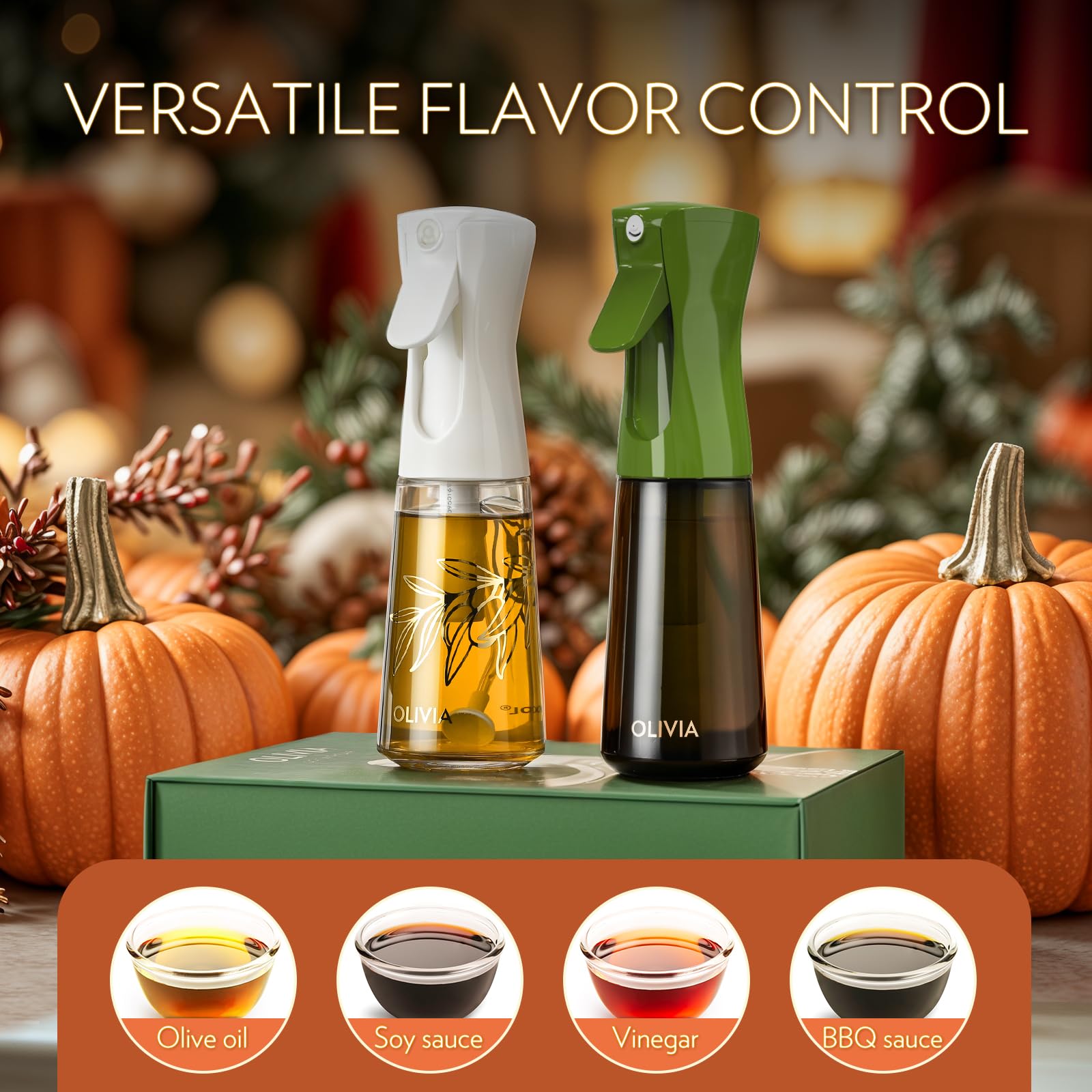 Premium FLAIROSOL OLIVIA 2-Pack Glass Oil Sprayer Set (200ML) - Perfect for Cooking, Air Fryer, Salad Dressing & BBQ - Continuous Mist Olive Oil Dispenser with Portion Control - Kitchen Essential (White & Green)