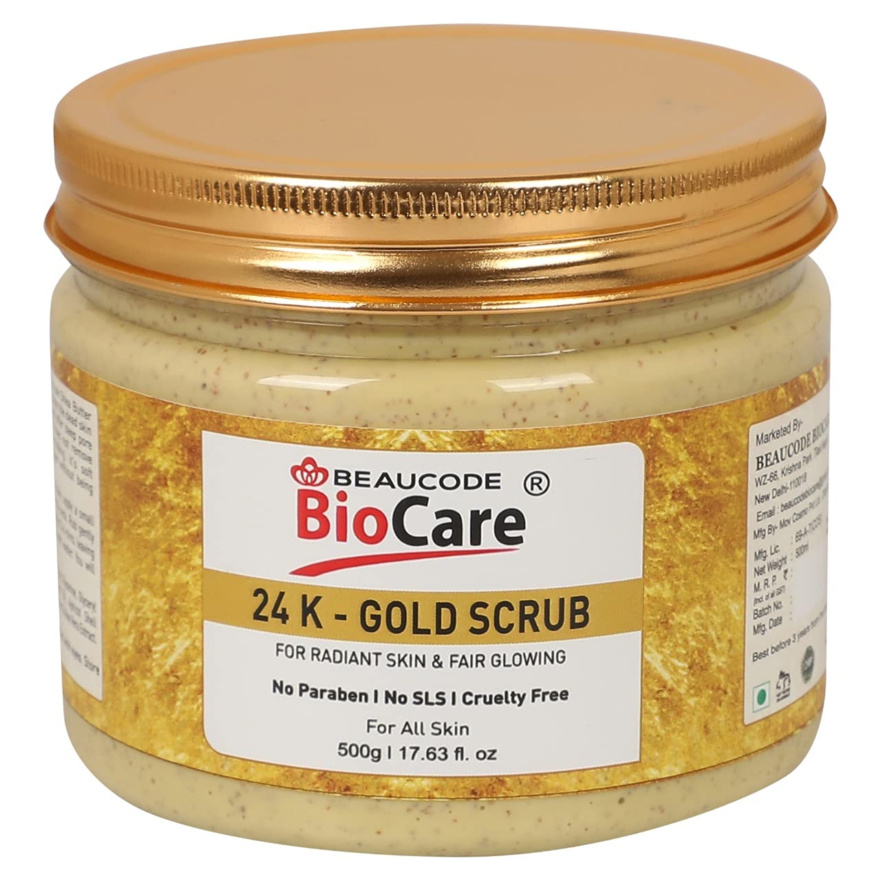 Beaucode BioCare 24K Gold Facial Scrub - 500g Exfoliator for Women & Men | All Skin Types | Paraben-Free, SLS-Free, Sulfate-Free & Cruelty-Free | Brightening & Anti-Aging Skincare for Daily Use