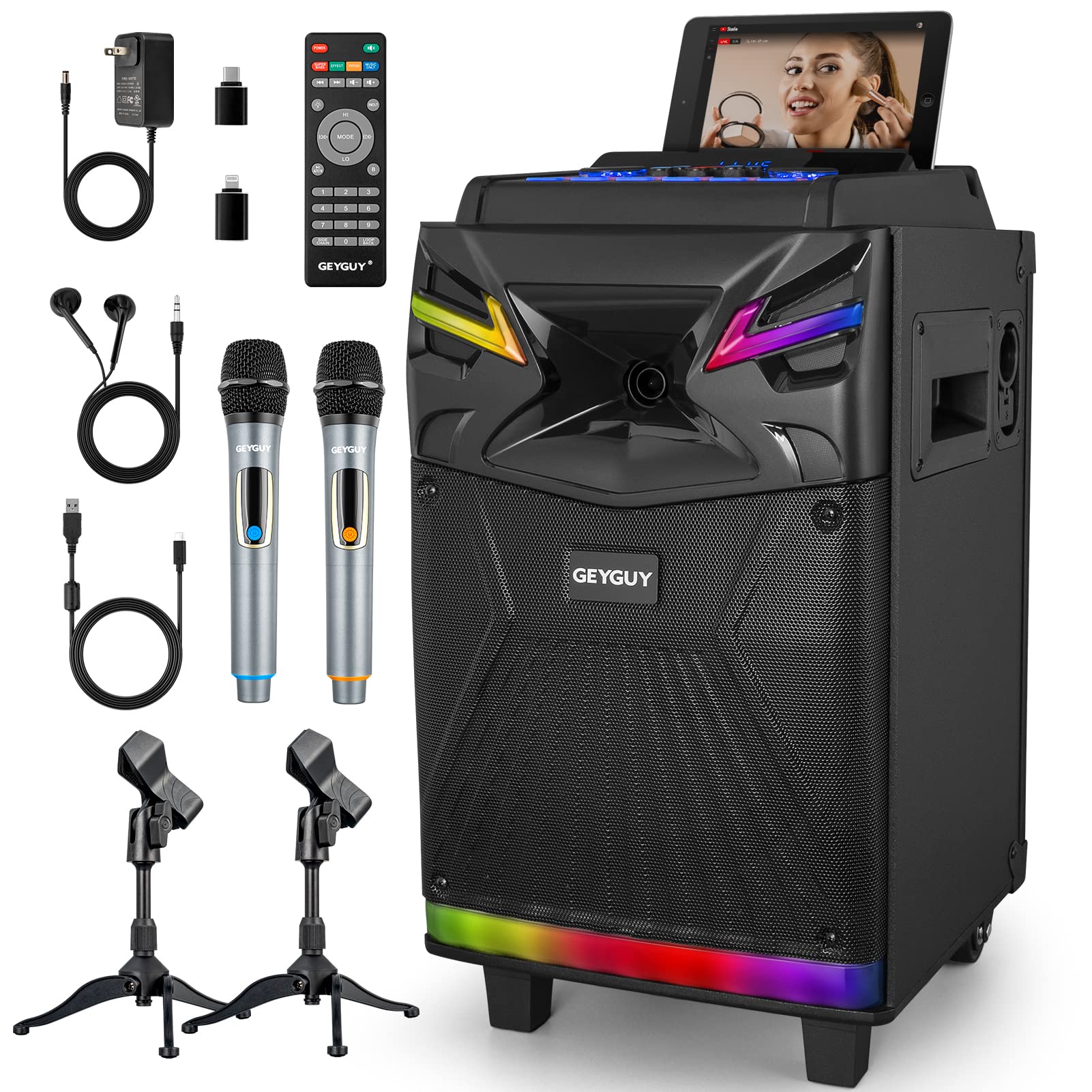 GTSK10-1 Professional Karaoke Machine with Bluetooth, 2 Wireless Mics & LED Lights - Portable PA System for Live Streaming, Voice Monitoring & Tablet Lyrics Display - Perfect for Home Parties, Church Events, DJ Performances & TV Singing Entertainment