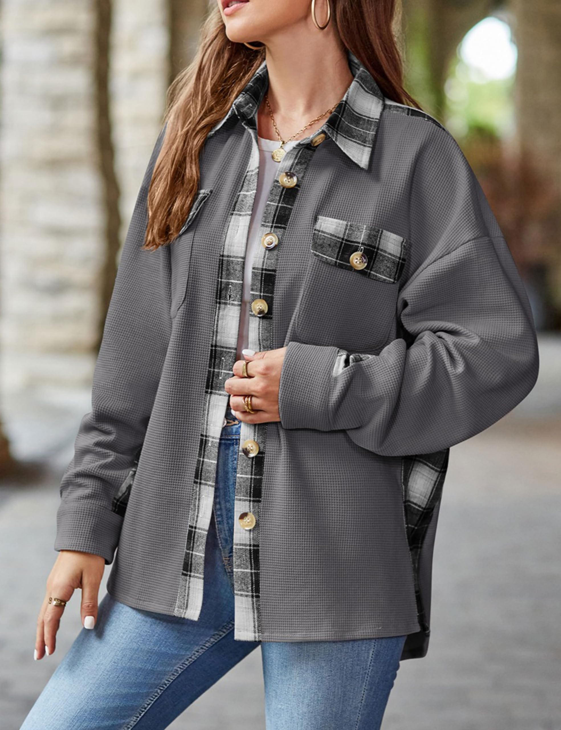 Zontroldy Women's Long Sleeve Button Down Waffle Shirt Shacket - Plaid Fall Jacket with Pockets | Casual Outfit, Layering, Office Wear & Outdoor Activities