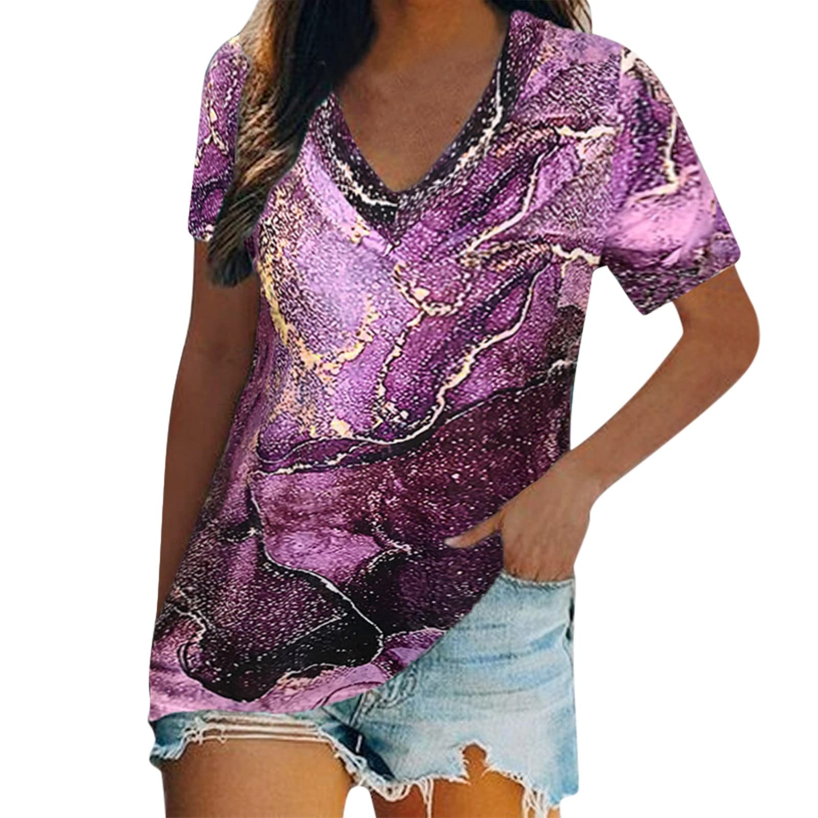 Women's Summer Short Sleeve V-Neck Tie-Dye Printed T-Shirt | Casual Blouse & Workout Top | Perfect for Beach, Yoga & Everyday Wear