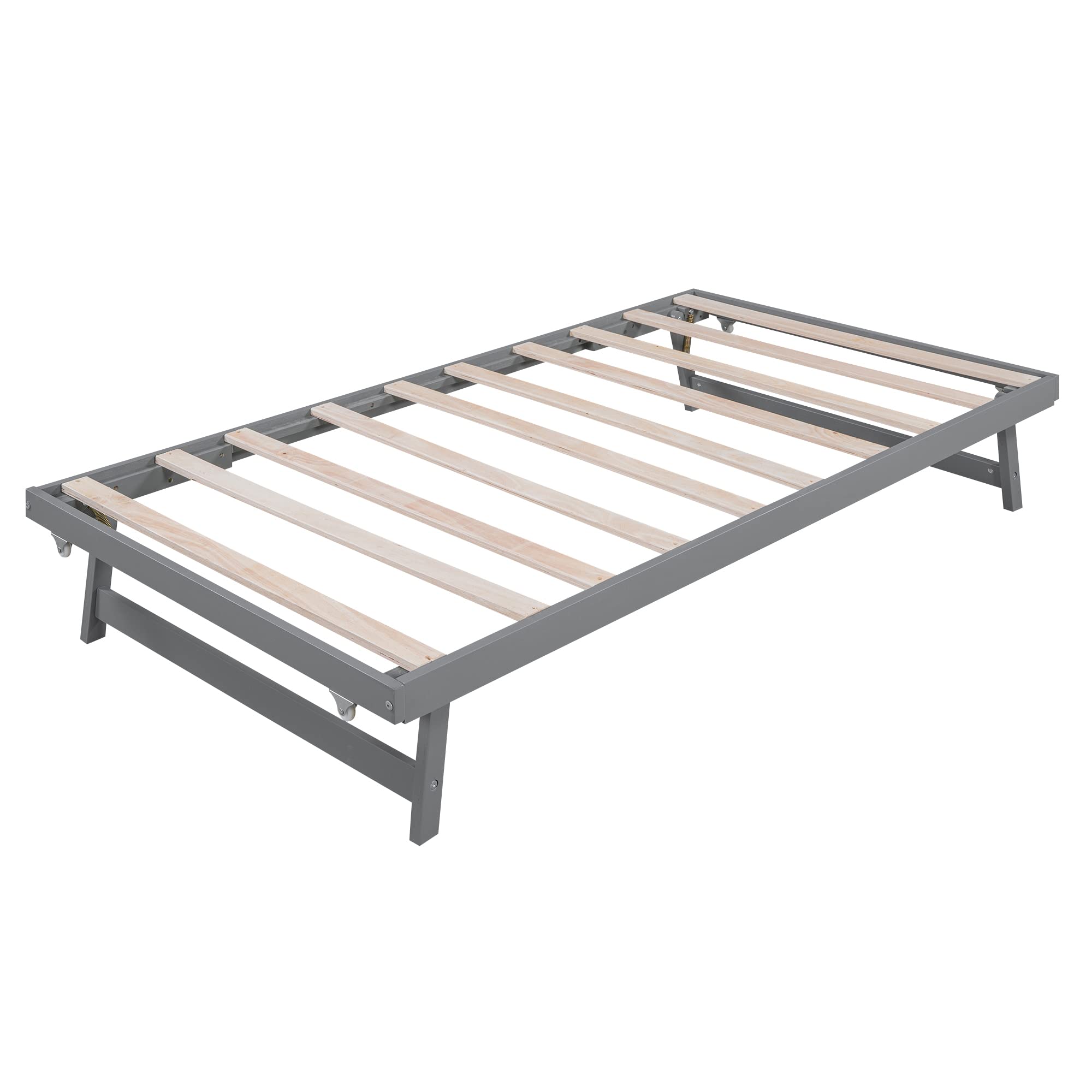 P PURLOVE Full Platform Bed with Adjustable Trundle - Sturdy Wood Bed Frame with Headboard & Slats for Kids, Teens & Adults (Gray) - Space-Saving Design for Small Bedrooms, Guest Rooms & Dormitories - No Box Spring Needed
