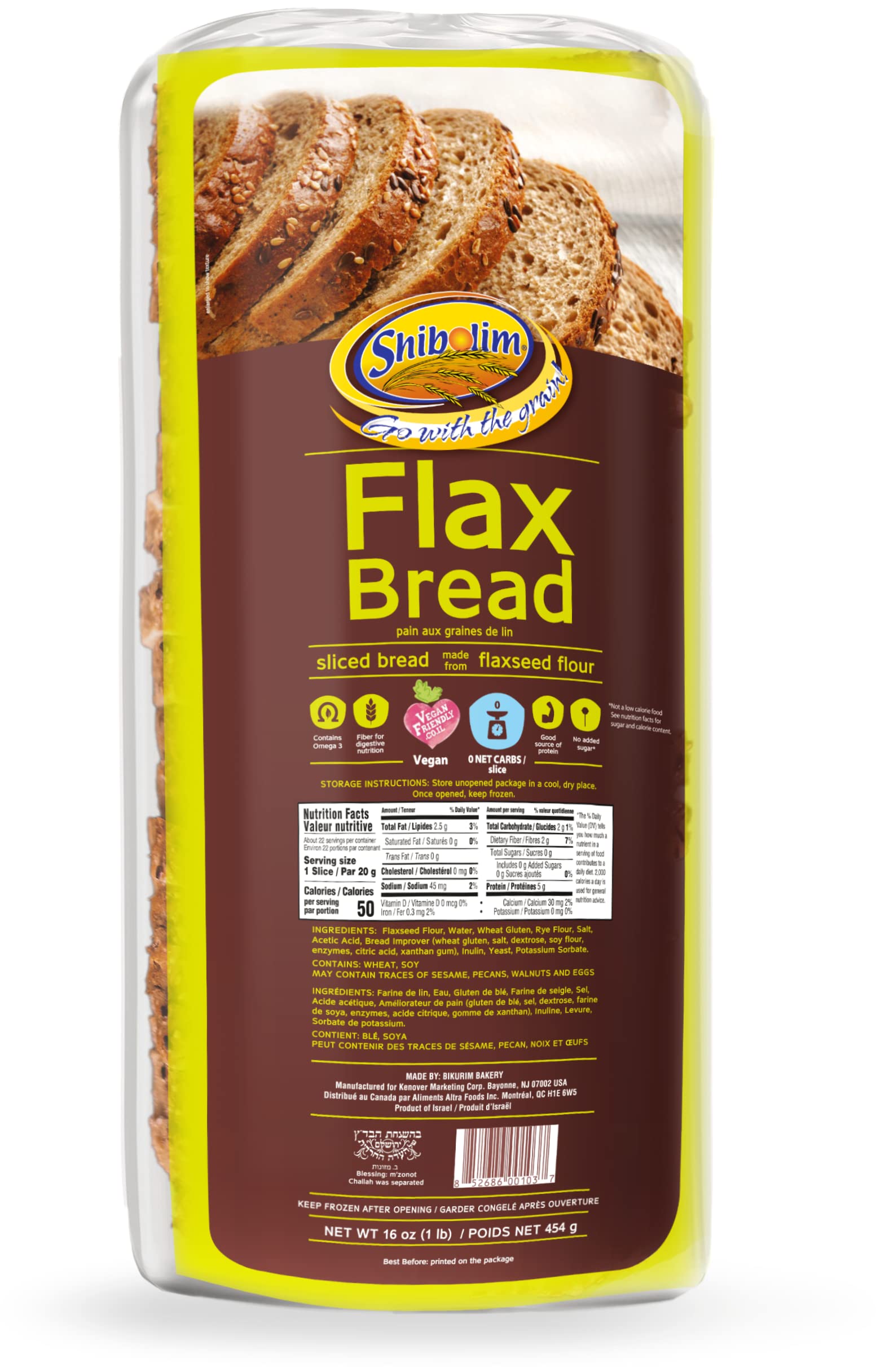 Shibolim FlaxSeed Bread (1 Pound) - Low Carb, Zero Net Carbs, Keto Friendly, High Fiber & Protein, Vegan - Perfect for Keto Diet, Weight Loss & Healthy Breakfast