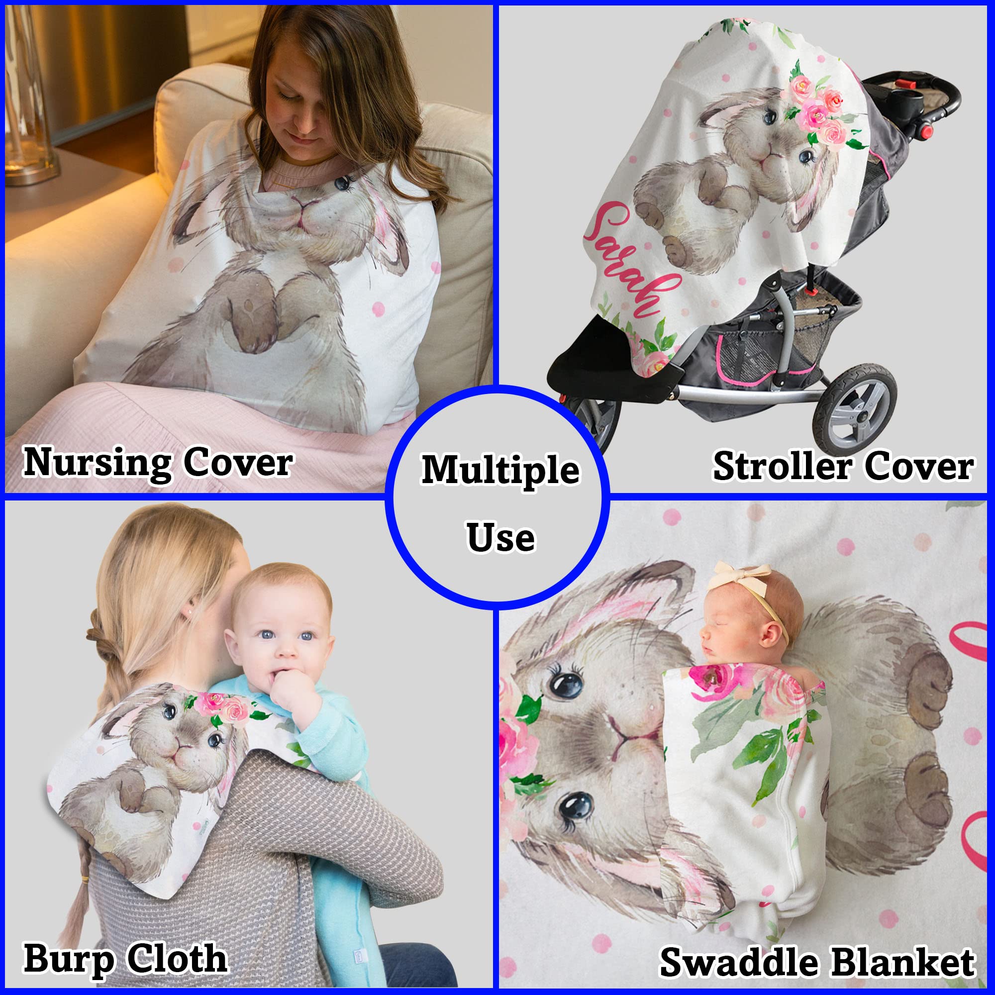 Personalized Baby Blankets for Girls - Custom Bunny Baby Blanket with Name - Soft & Cozy Newborn Blanket - Perfect Baby Shower Gift for Girls, Boys, Infants - Ideal for Nursery, Stroller, Travel & Photo Shoots