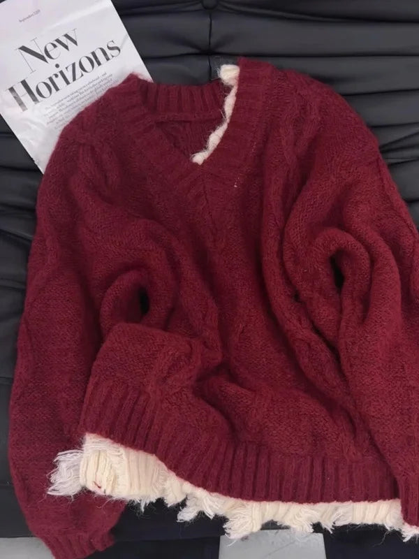 Korean Women's Red Patchwork Elegant Warm Short Knitted Sweater - Grey V-Neck Long Sleeve Office Pullover Tops for Autumn Winter | Chic Workwear & Casual Outfits