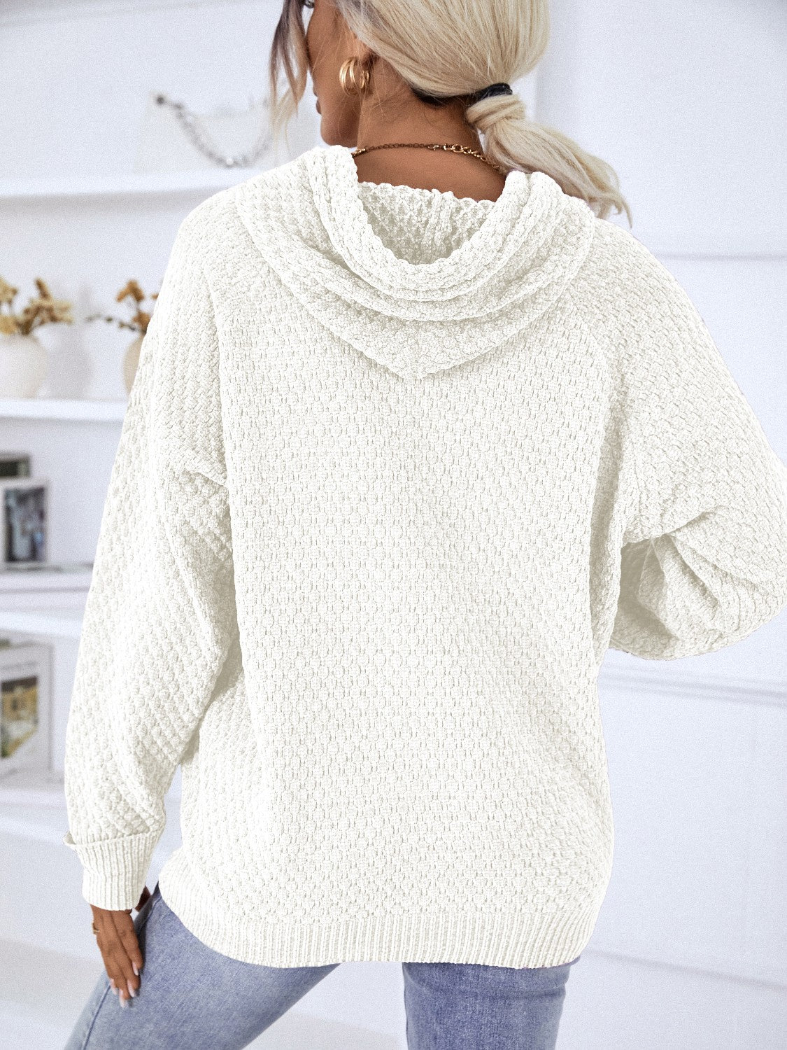 Soft Textured Drawstring Long Sleeve Hooded Sweater for Women - Cozy Pullover Knit Top for Fall & Winter Layering, Casual Outfits and Outdoor Activities