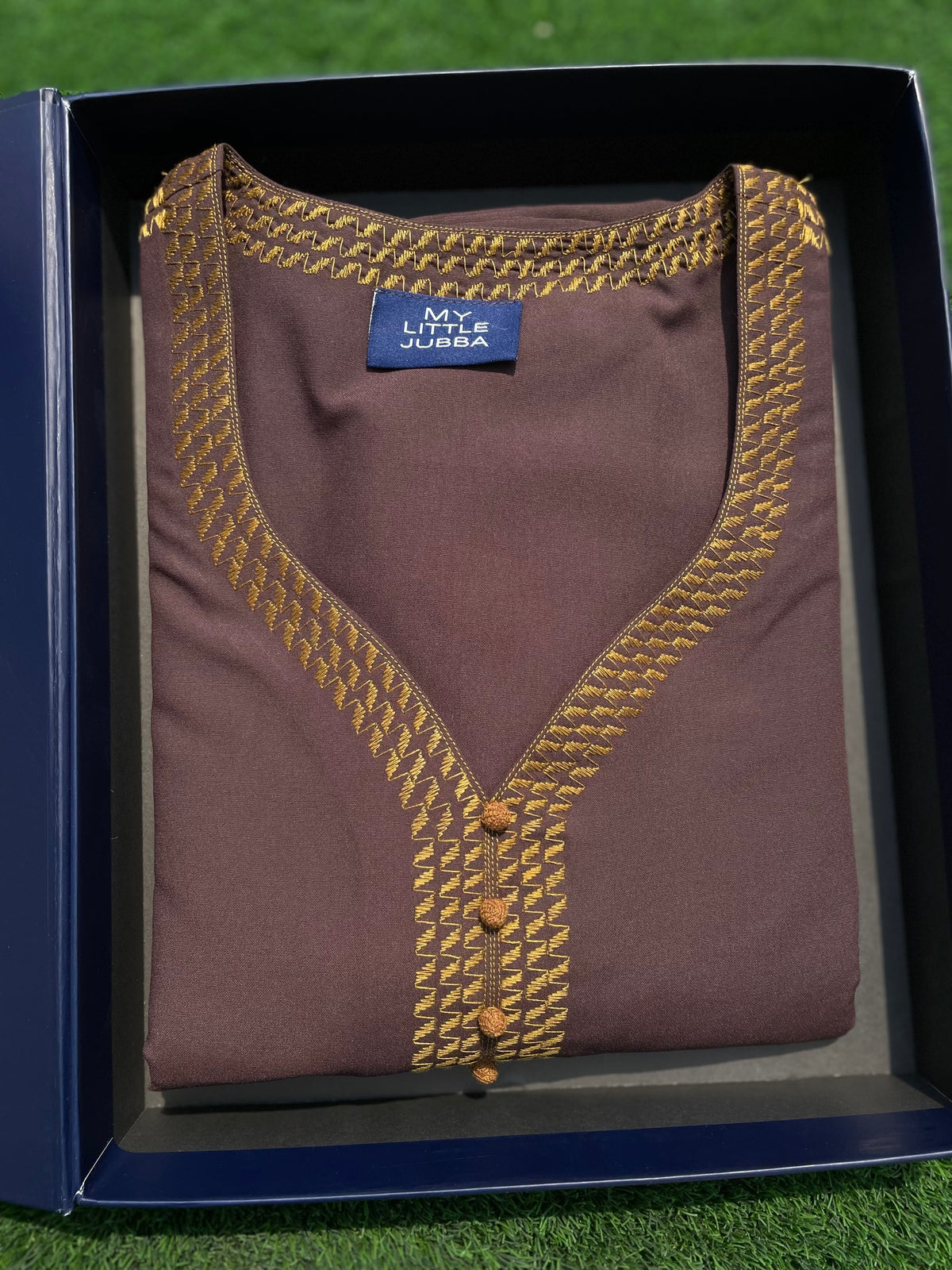 Men's Cinnamon Brown Mustard Embroidery Moroccan 3/4 Sleeve Thobe - Perfect for Eid, Ramadan & Special Occasions