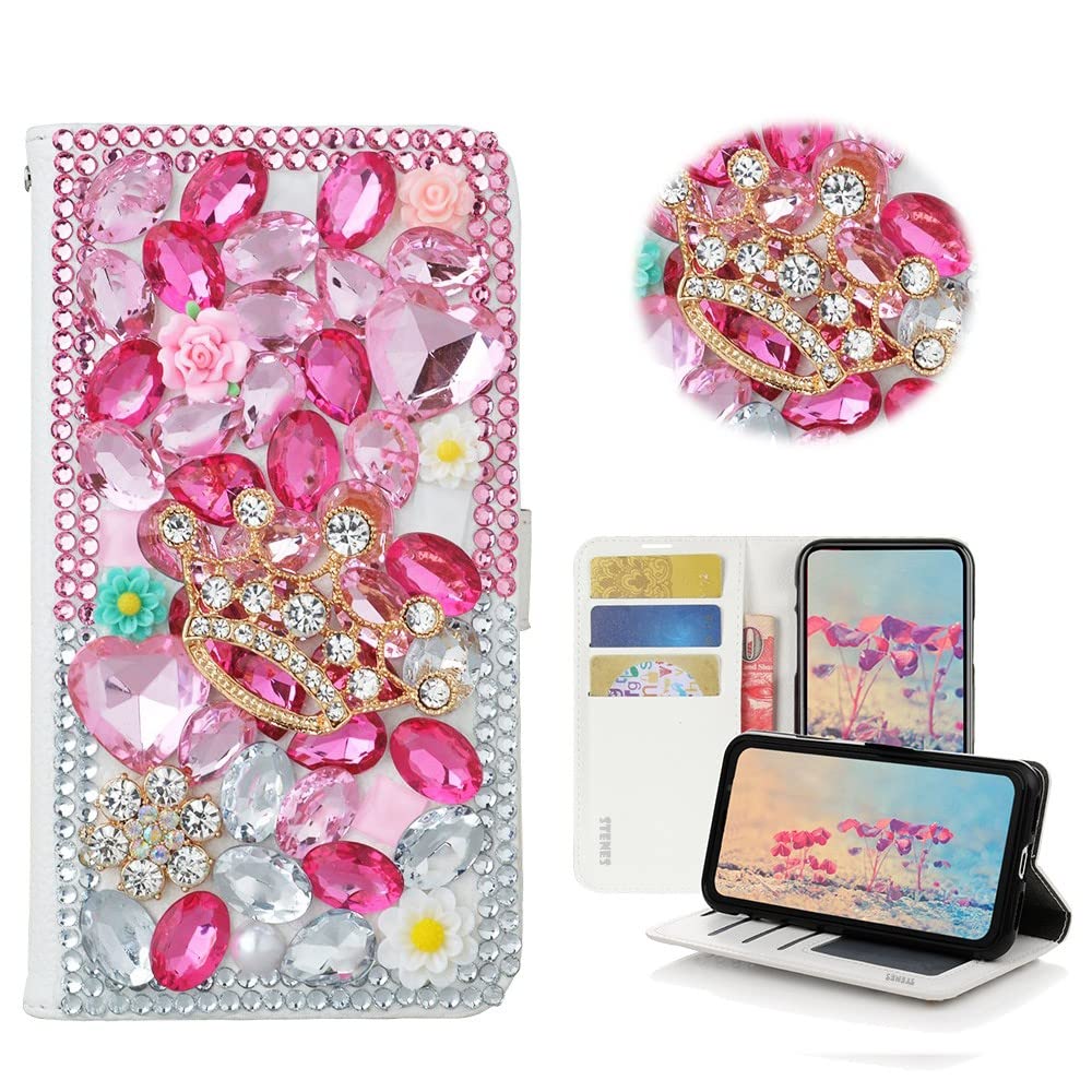 STENES Bling Wallet Case for iPhone 12 Pro - 3D Crown Flowers Design - Pink | Perfect for Parties & Travel