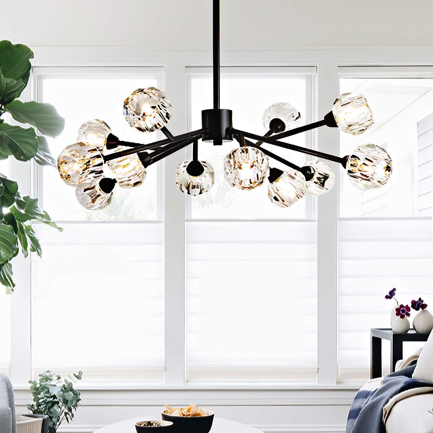 Weesalife Modern Sputnik Chandelier - 12-Light Crystal Pendant Ceiling Fixture with Black Branches, Mid-Century Design for Dining Room, Bedroom & Living Room | Energy-Efficient G9 Bulb Compatibility | Perfect for Home Decor, Wedding Venues & Luxury Spaces