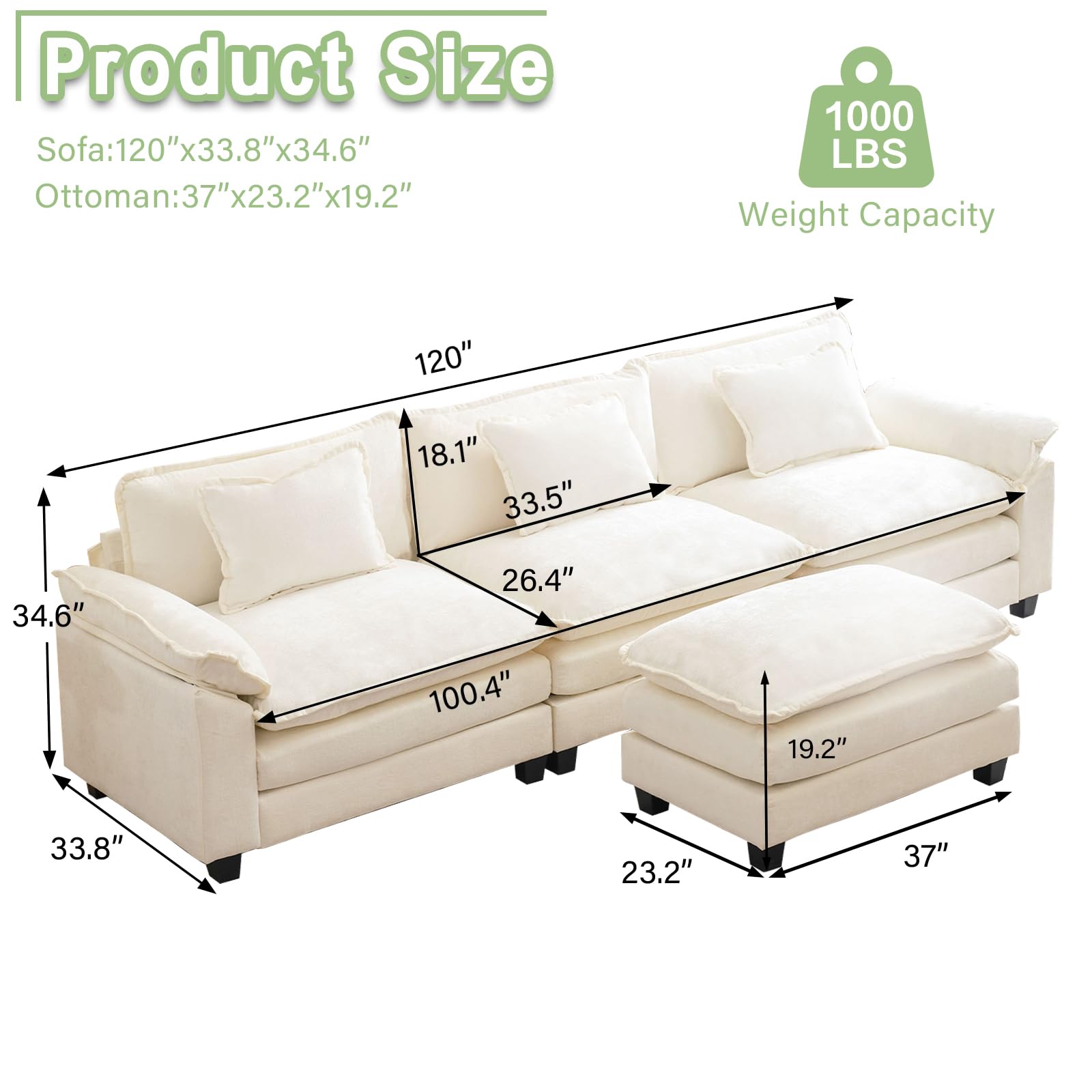 Modern L-Shaped Sectional Sofa with Pillows & Ottoman - Cloud Couch for Living Room, Chenille Fabric Sleeper Sofa (Cream White, 4-Seat) - Perfect for Family Gatherings, Movie Nights & Small Space Apartments