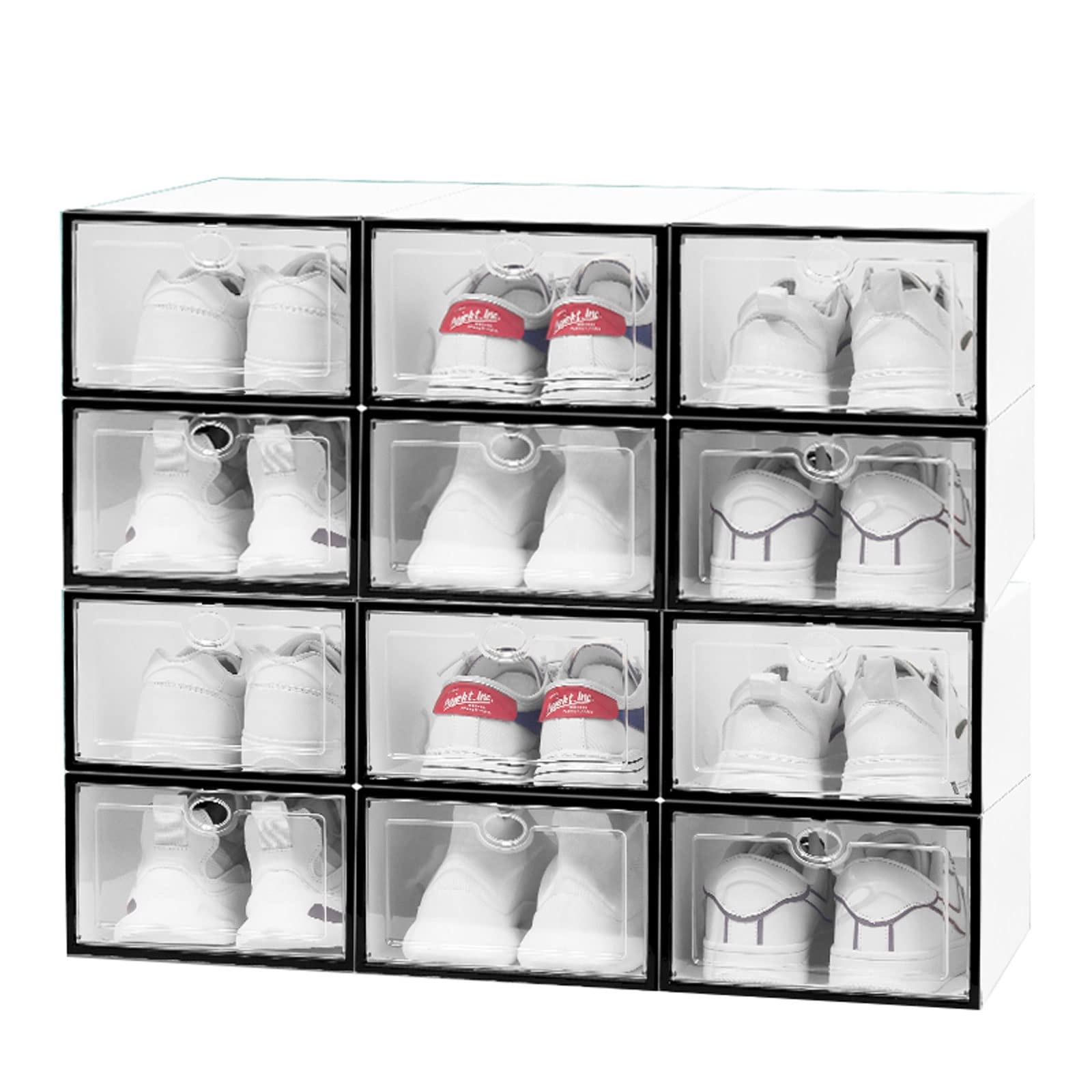 Clear Plastic Stackable Shoe Storage Boxes - 12 Pack with Transparent Door | Foldable Space-Saving Shoe Organizer Bins | Perfect for Closet, Bedroom, or Entryway Organization (Black, 29x20.5x12 inches / 11.4x8.1x4.7 inches)