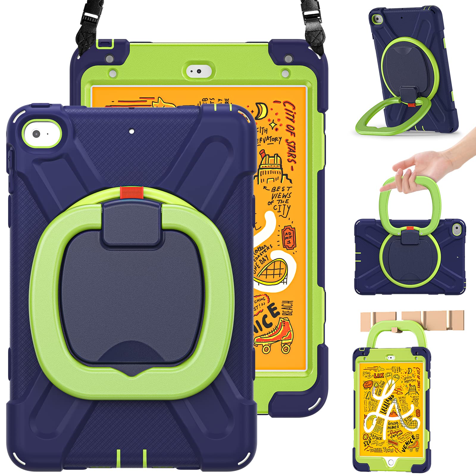 **BRAECN Shockproof Kids iPad Mini 5 Case - Full Body Silicone Cover with Pencil Holder, Hand Grip & Kickstand | Compatible with iPad Mini 5/4 (2019/2015) 7.9 Inch | Navy & Green | Perfect for School, Travel & Outdoor Play**