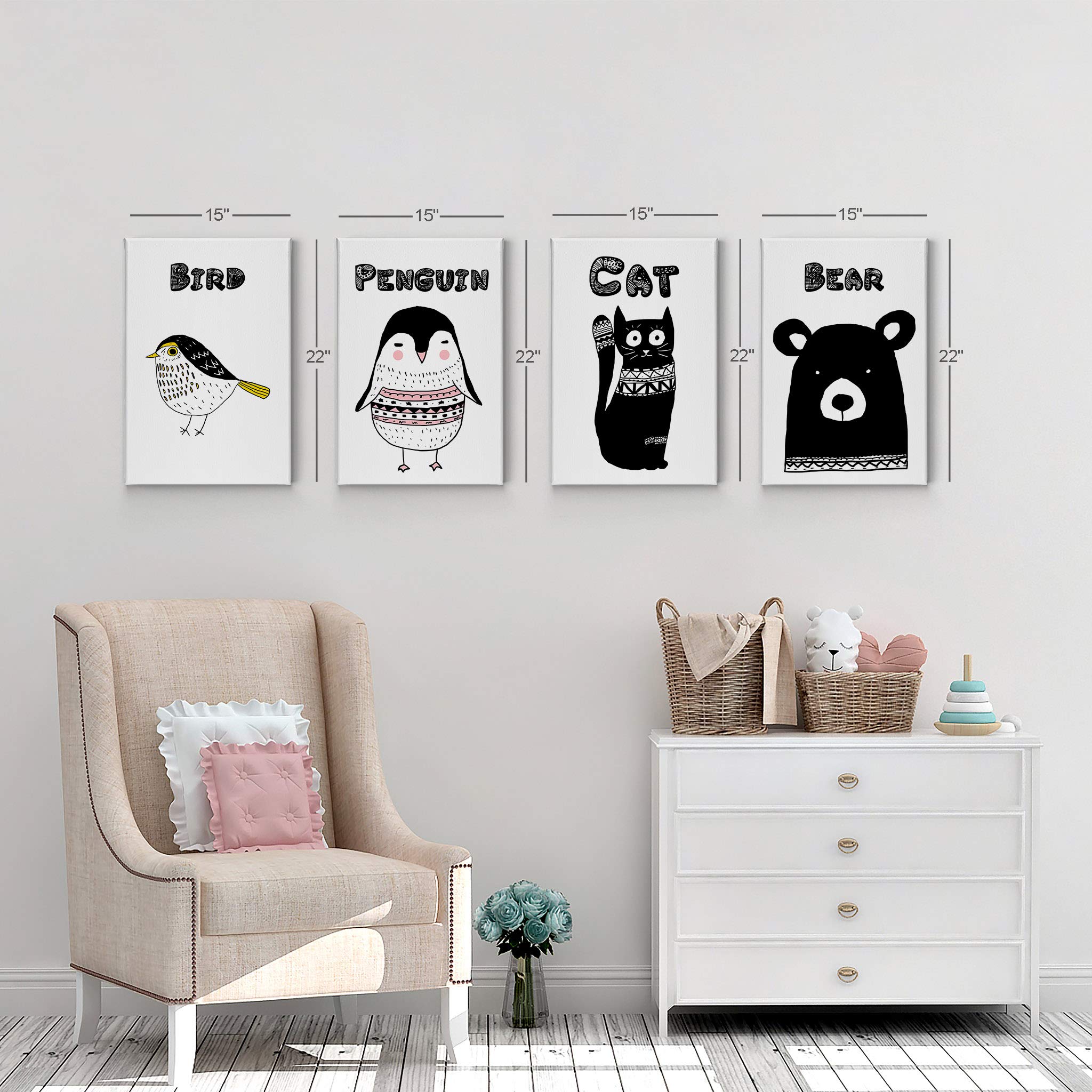 4-Panel Cute Animal Canvas Wall Art Set - Bird, Cat, Penguin & Bear Prints for Kids Room, Nursery & Baby Room Decor - Ready to Hang Made in USA (36x24 Inches Each) - Perfect for Playrooms, Bedrooms & Daycare Centers