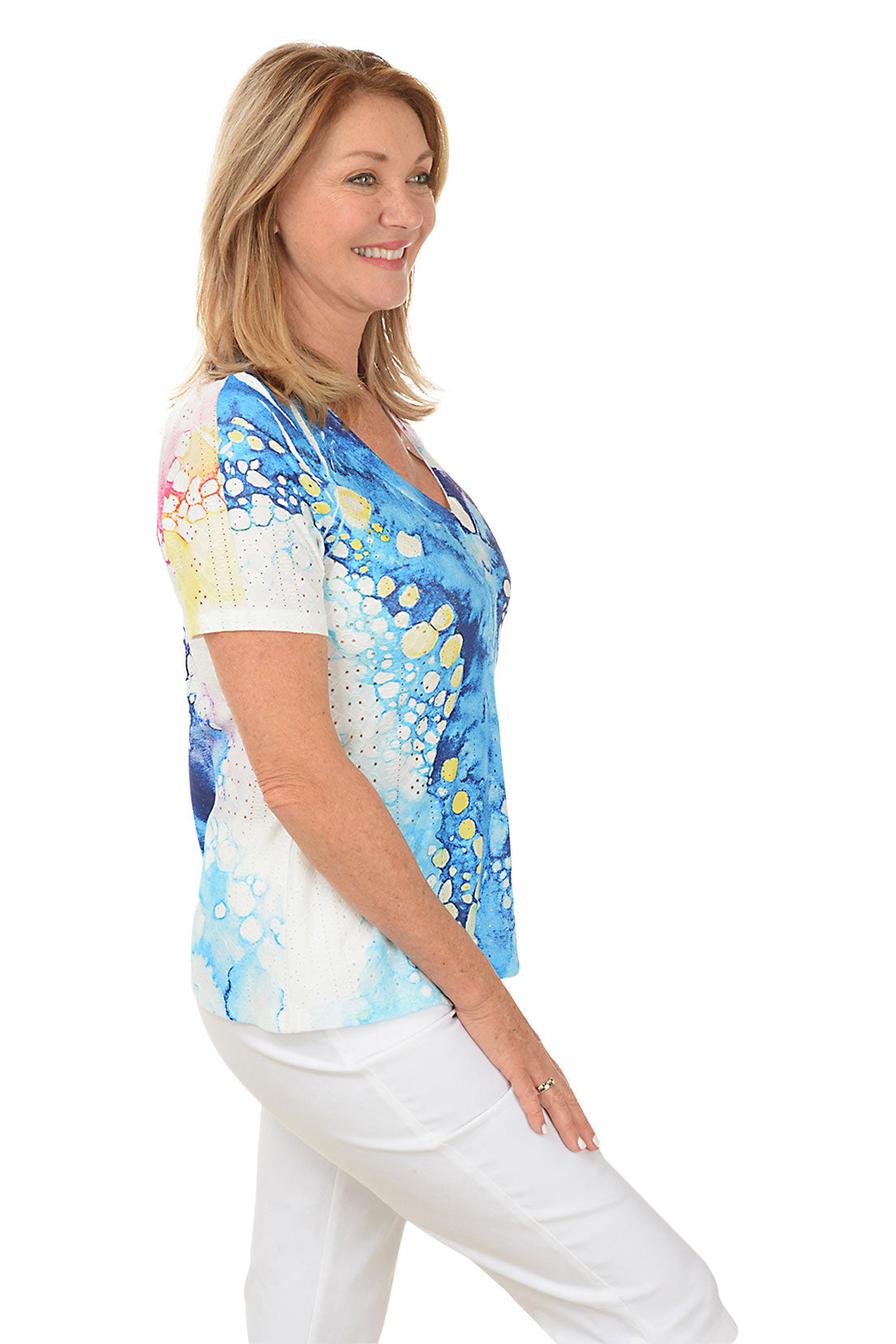 Stylish Petite Bubble Flow Eyelet Short Sleeve Top for Women - Perfect for Summer Outfits, Beach Vacations & Casual Dates