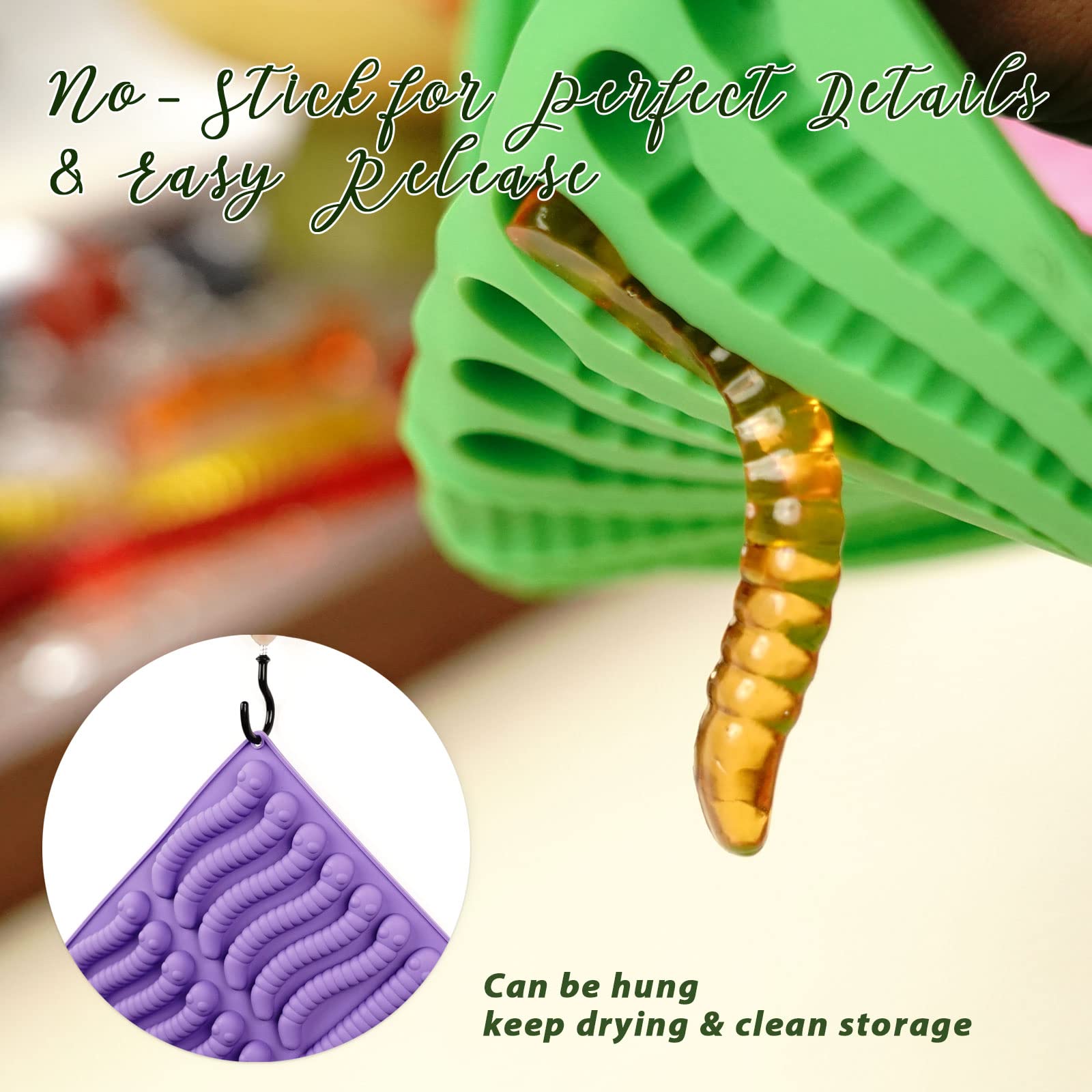 Premium Silicone Gummy Worm Molds Set (4PCS) - 60 Cavity Non-Stick Chocolate & Candy Molds in 6ML & 14ML Sizes with 2 Droppers & Brush - Perfect for Halloween Treats, DIY Candy Making, Kids Birthday Parties & Baking Gifts