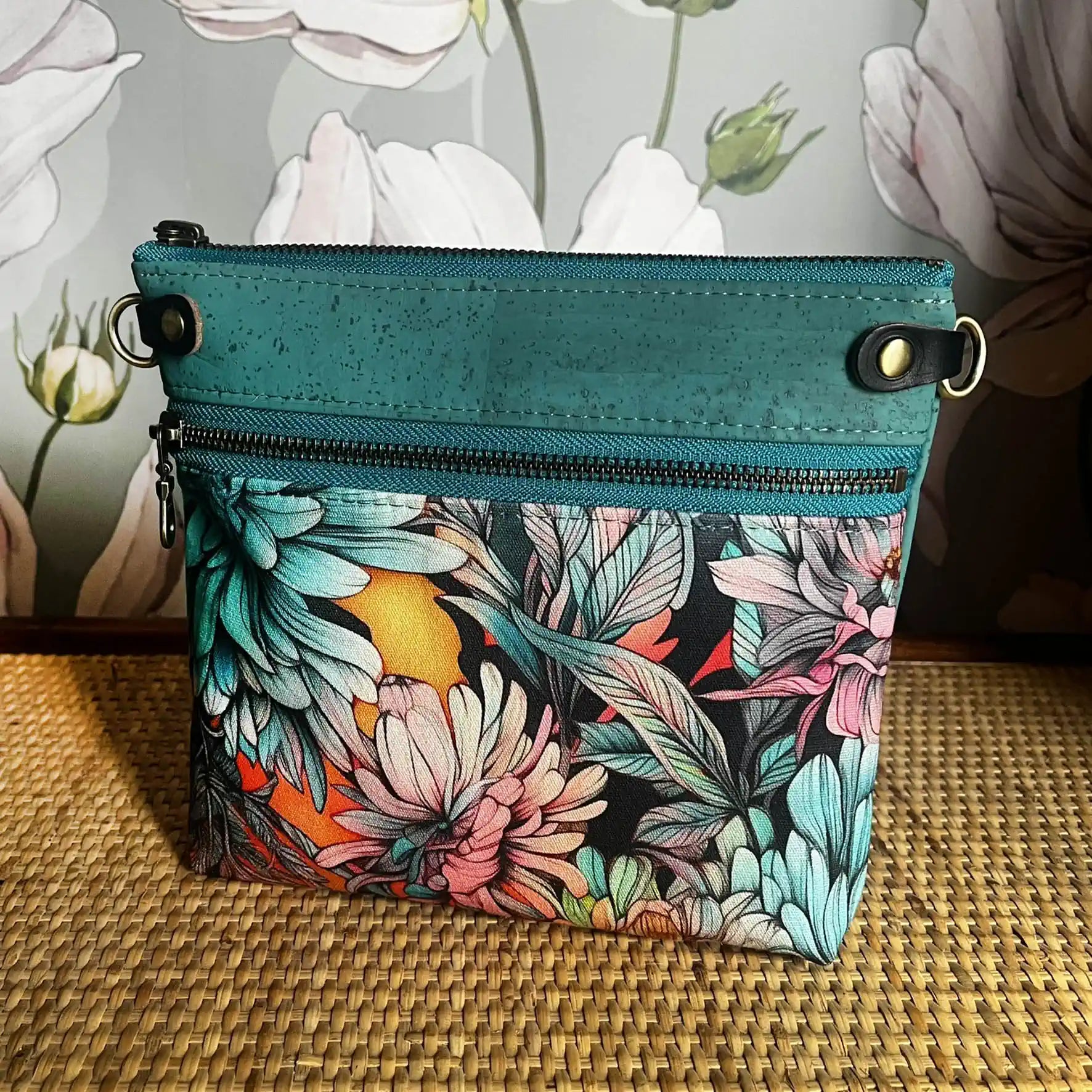 Izzy's Mom Cross Body Bag (Medium) - Turquoise Cork with Sunlit Dahlias Print & Brushed Antique Finish | Stylish Women's Purse for Everyday Use, Travel & Casual Outings