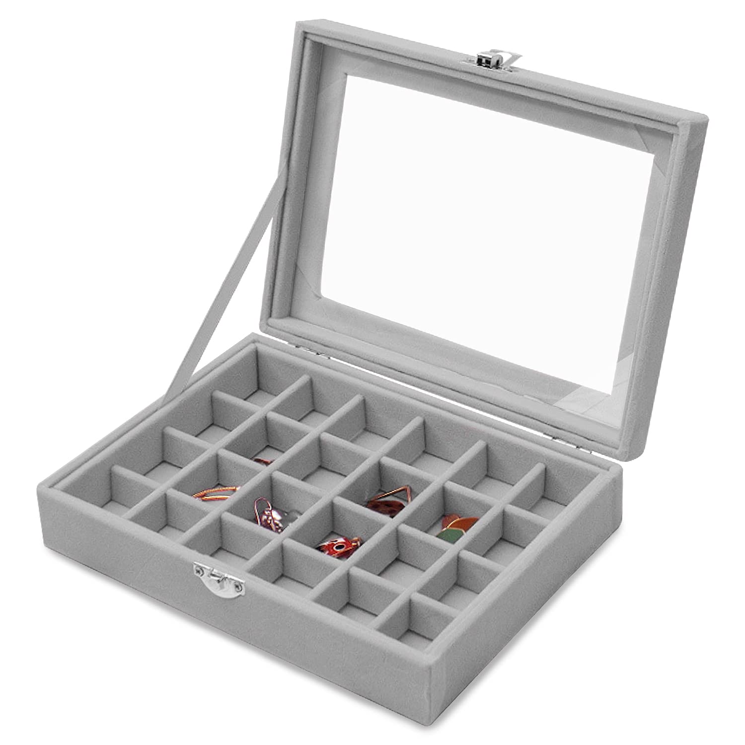 Lainrrew 24 Grid Velvet Jewelry Organizer Box - Premium Jewelry Display Tray for Earrings, Rings, Necklaces & Bracelets - Stylish Storage Case for Women & Girls (Gray) - Perfect for Bedroom, Closet & Travel Accessory Organization