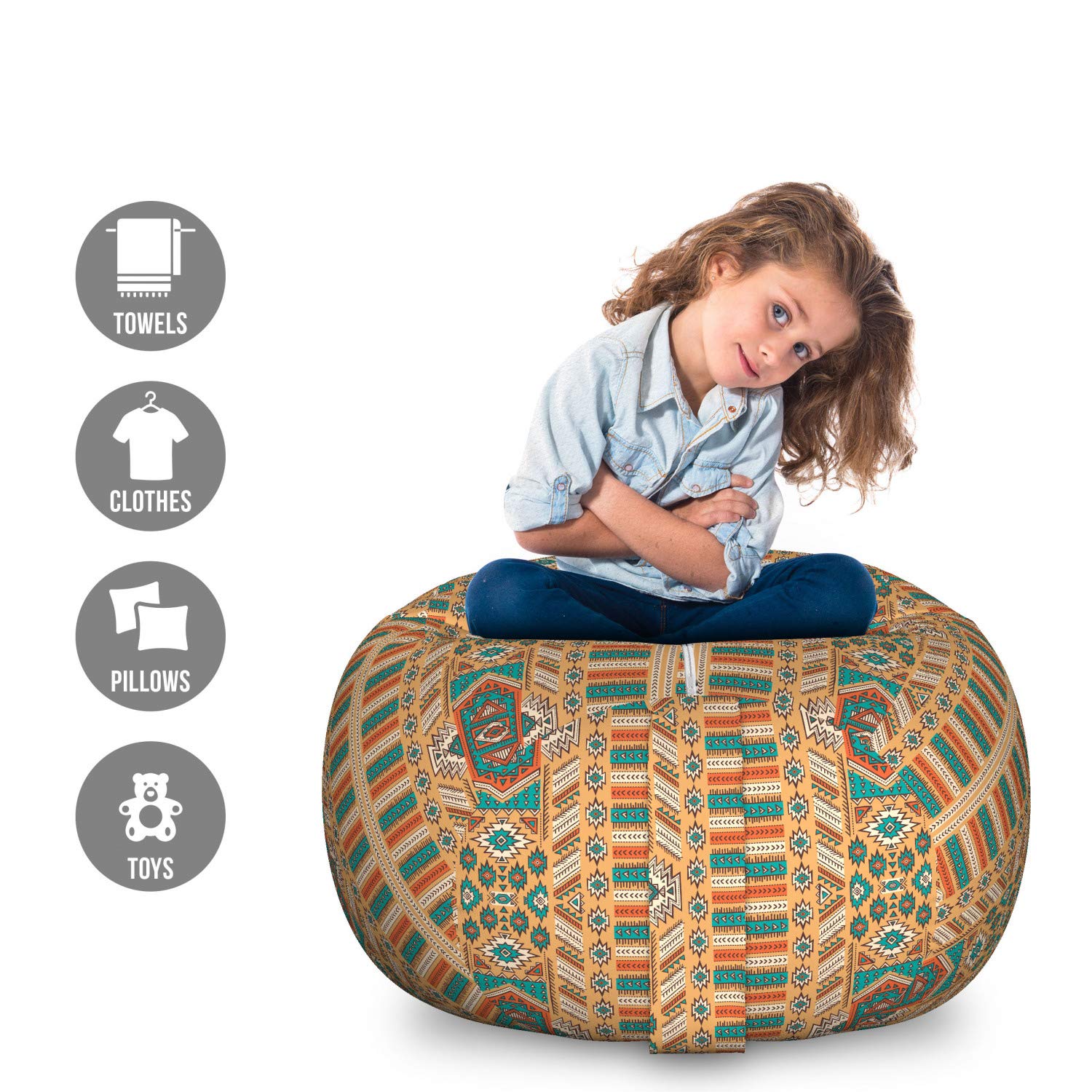 Ambesonne Bohemian Tribal Pattern Toy Storage Bag Chair - Large Washable Stuffed Animal Organizer in Apricot Orange & Teal - Perfect for Kids' Room Organization & Playroom Decor
