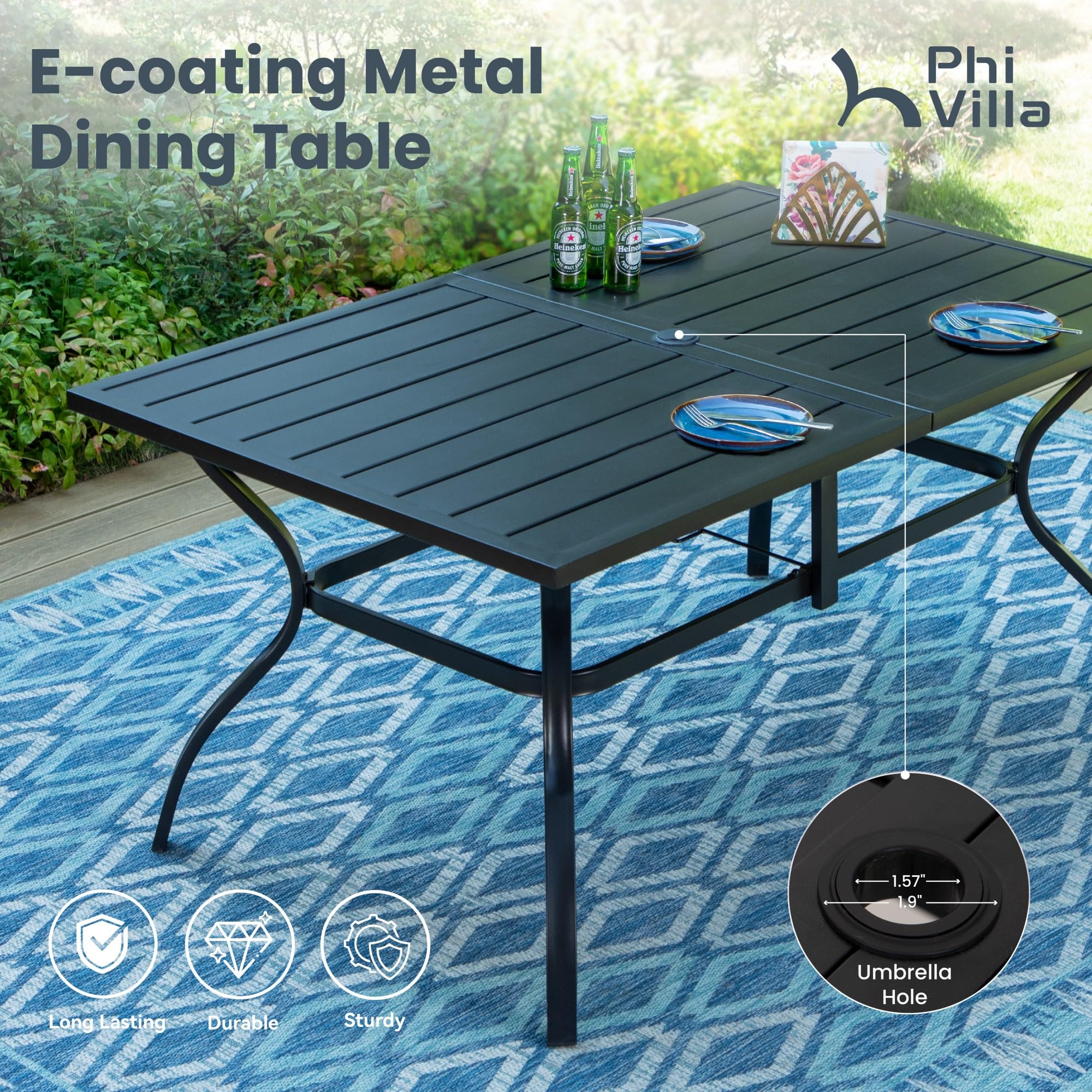 PHI VILLA 6-Piece Outdoor Dining Set with Swivel Chairs - Navy Blue 13ft Patio Umbrella, Textilene Padded Armrest Chairs & Large Metal Table - Perfect for Garden, Backyard, Poolside & Outdoor Entertaining