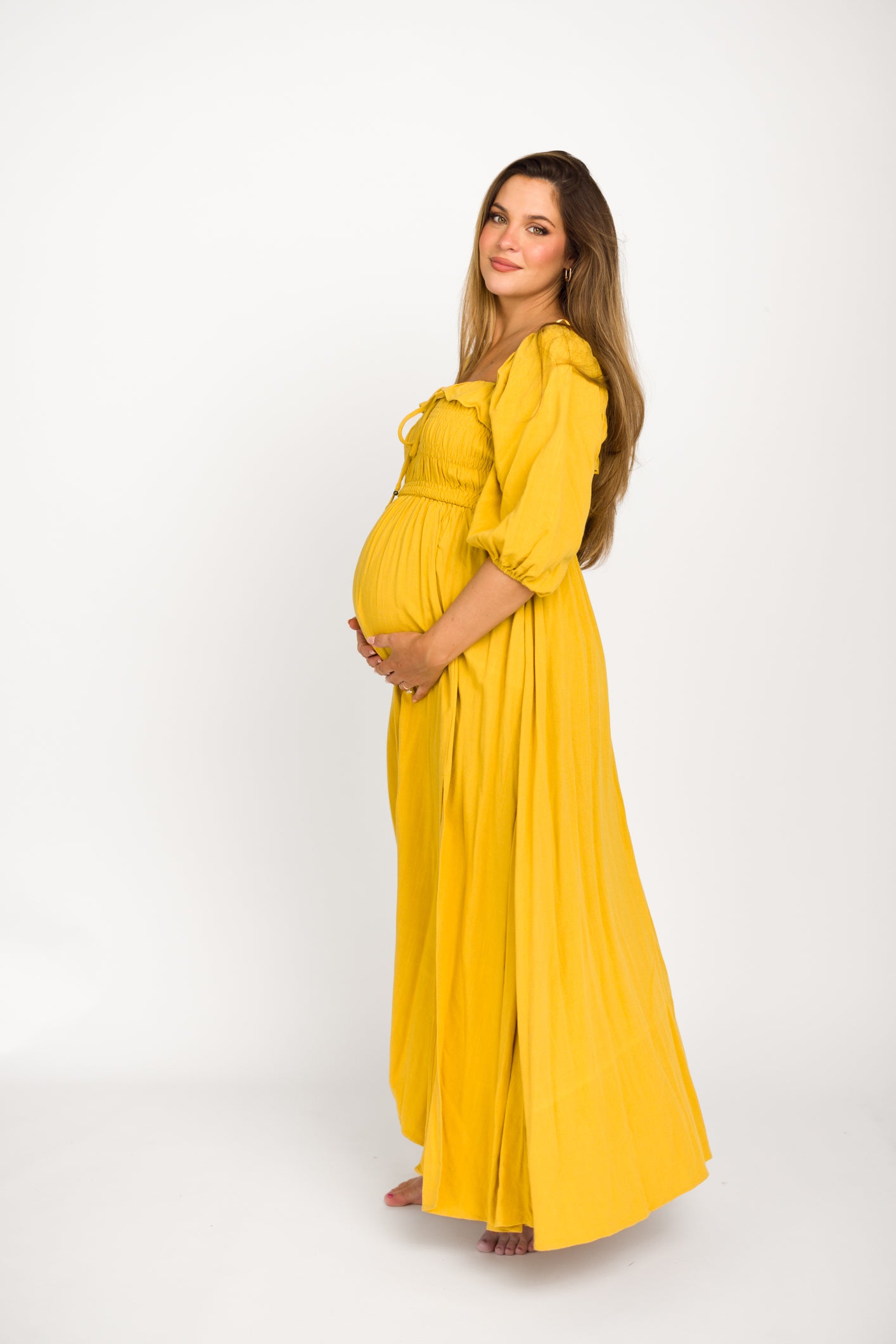 Devon Smocked Maternity Maxi Dress in Mustard Yellow - Bump Friendly Flowy Summer Dress for Pregnancy, Beach & Special Occasions