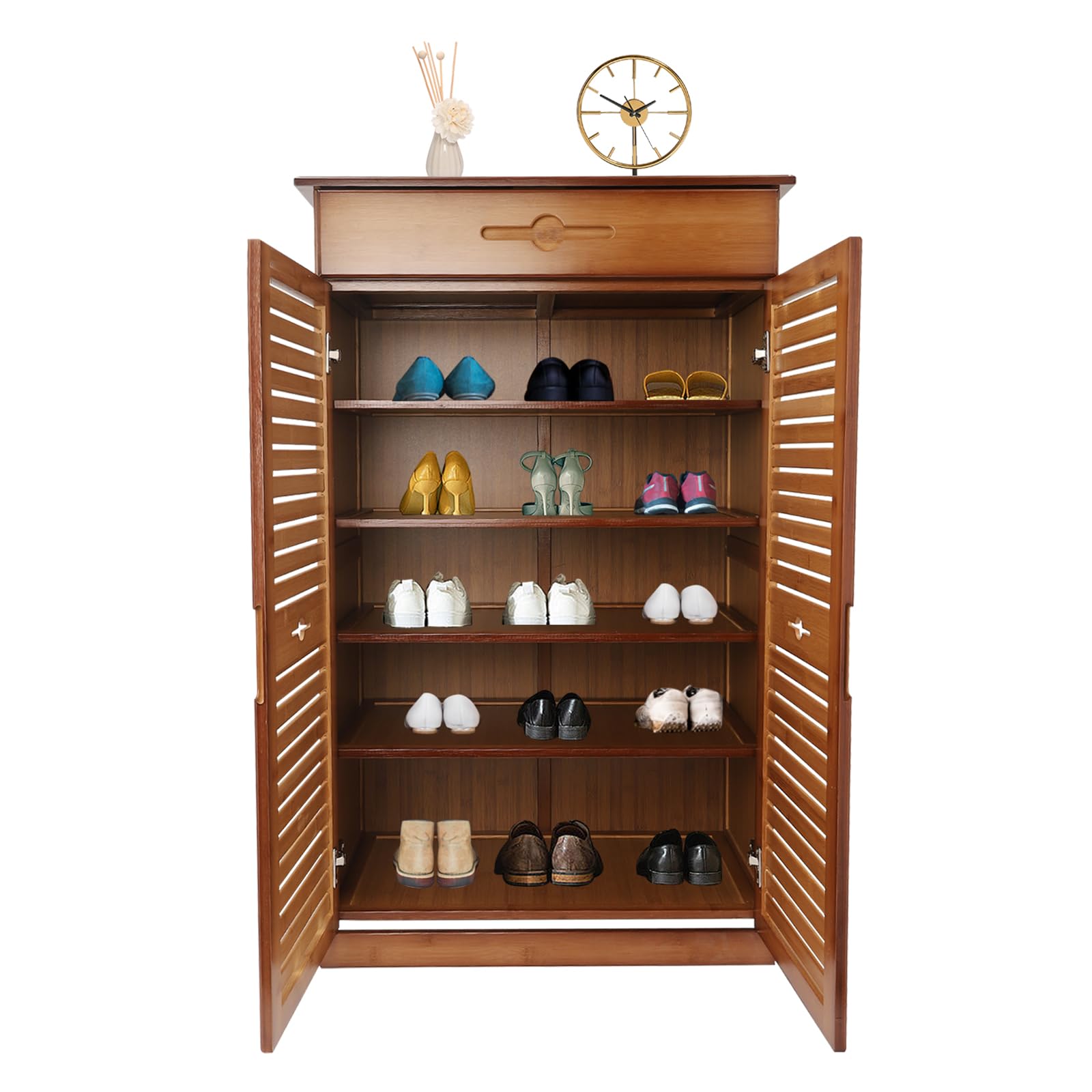 5-Tier Bamboo Shoe Storage Cabinet with Drawer & Adjustable Shelves - Space Saving Shoe Organizer Rack for Hallway, Bedroom, Living Room, Entryway & Dorm - Perfect for Small Spaces & Closet Organization