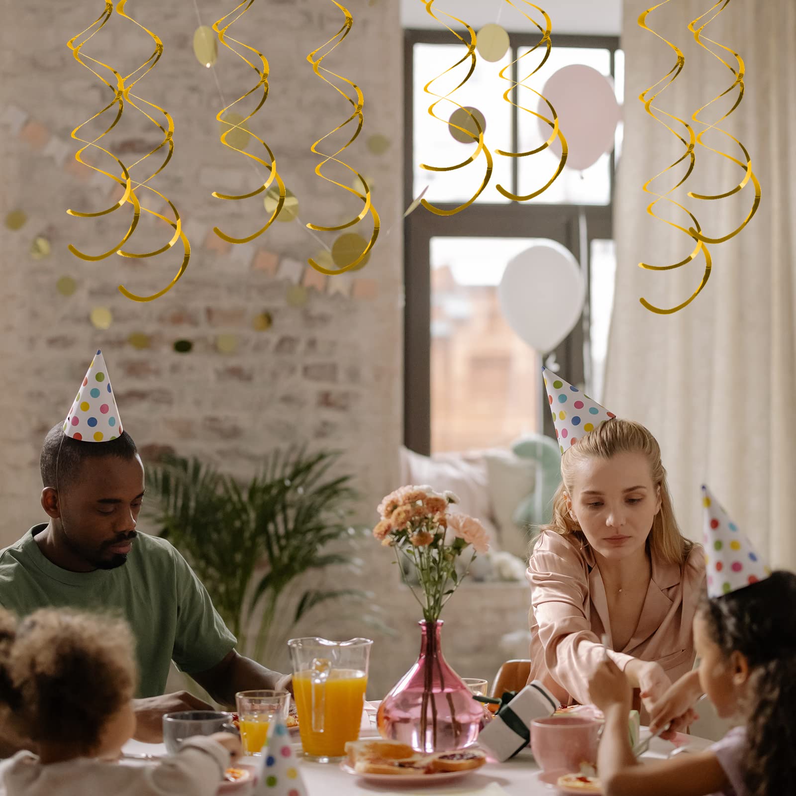 30 Pack Gold Plastic Hanging Swirl Decorations - Spiral Streamers for Ceiling, Wedding, Baby Shower & Birthday Party Supplies | Perfect for Indoor Events, Home Decor and Festive Celebrations