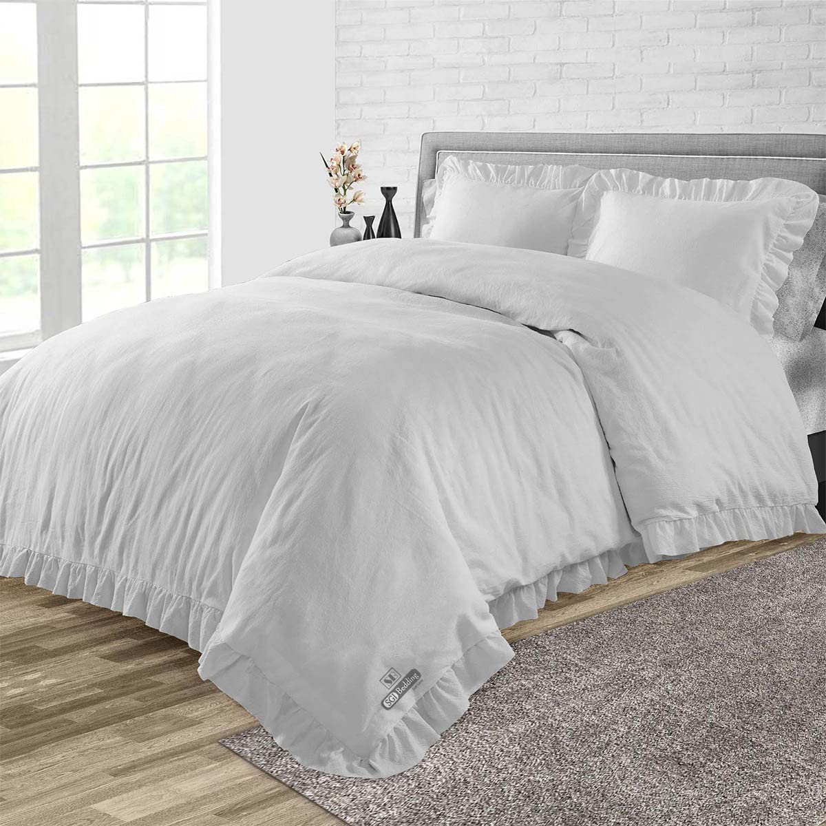 Premium Egyptian Cotton Duvet Cover Set - 1000 Thread Count, Ultra Soft & Breathable - Twin/Twin XL Size - Light Grey Ruffle Trim with Zipper Closure & Corner Ties - Perfect for Guest Rooms, Dorms & Cozy Bedrooms