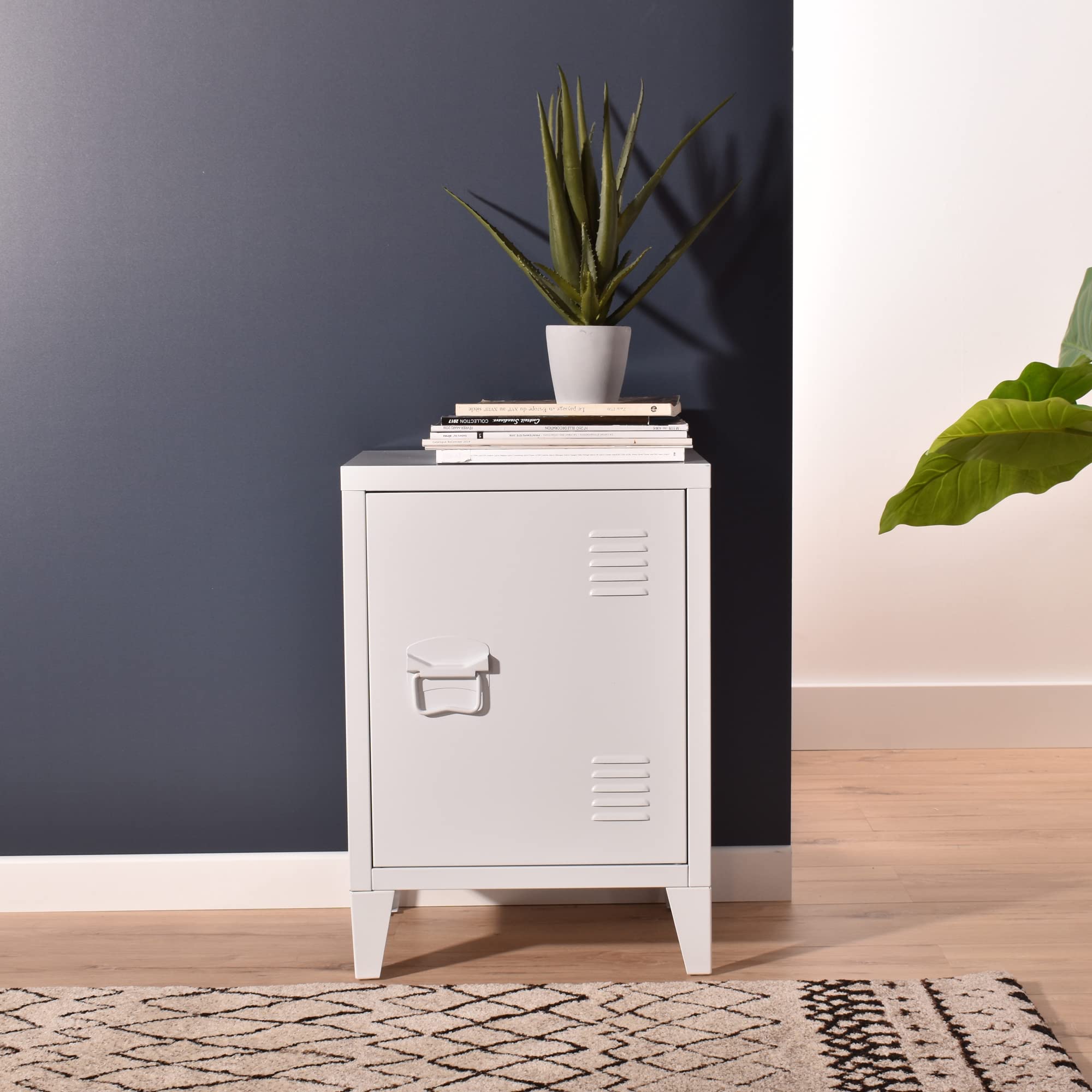 White Metal Storage Cabinet - Small Side End Table, Bedroom Nightstand with Drawers - Compact Cupboard Console Stand for Living Room, Office & Dorm Organization