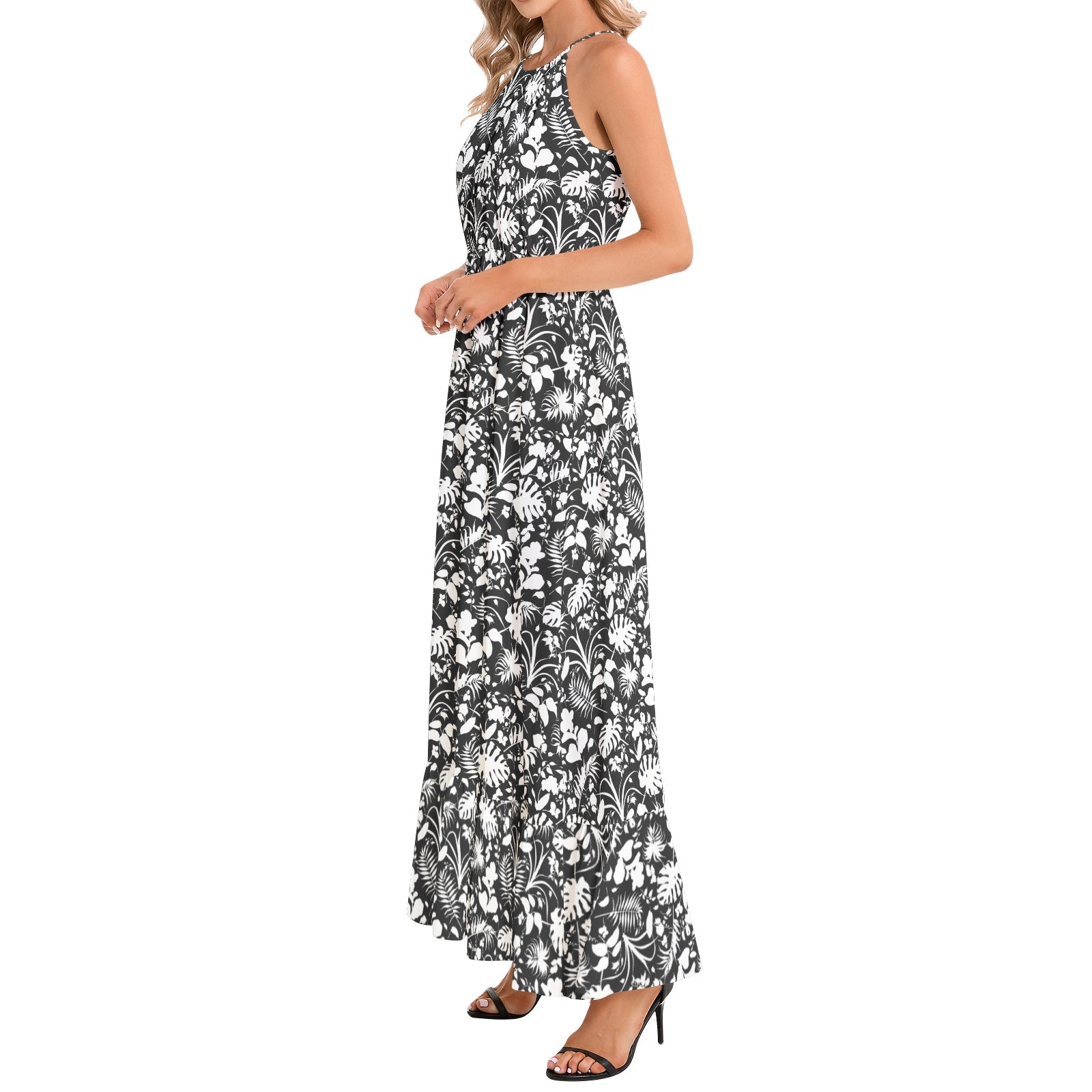 Stylish Black & White Tropical Print Ruffle Hem Halter Neck Maxi Dress for Women - Perfect for Beach Vacations, Summer Parties & Boho Fashion