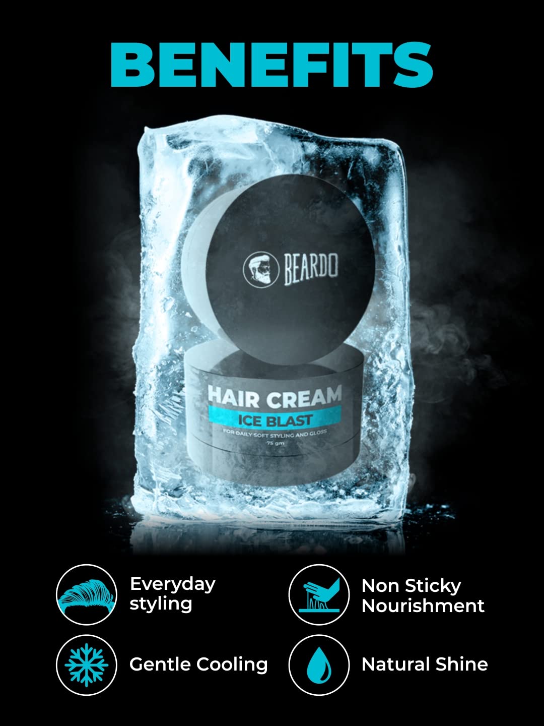 Beardo Ice Blast Hair Cream for Men - 75gm with Menthol & Coconut Oil | Cooling Styling Cream with Cool Lock Technology | Daily Hair Styling & Grooming | Perfect for Summer, Gym & Outdoor Activities