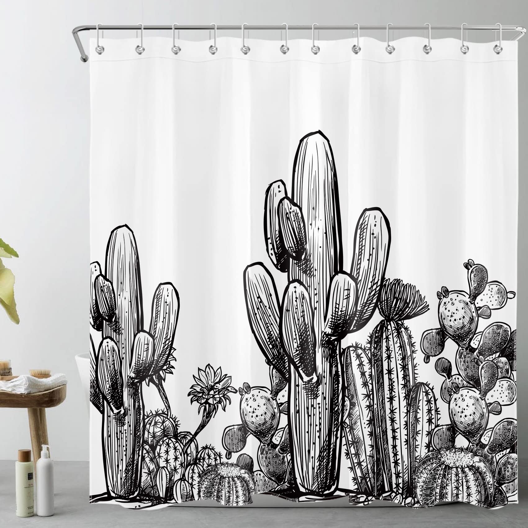 LB Black and White Tropical Cactus Vintage Plant Shower Curtain - Waterproof Bathroom Decor with Hooks, 72x72 Inch - Perfect for Desert & Boho Style Bathrooms, Dorm Rooms, and Beach House Showers