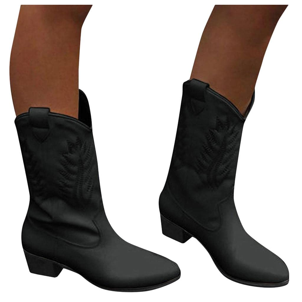 Vintage Leather Women's Western Cowboy Boots - Chunky Block Heel Mid Calf Riding Boots for Cowgirls (Black/White, Size 7) | Perfect for Winter, Fall, Work, Dress & Casual Outfits