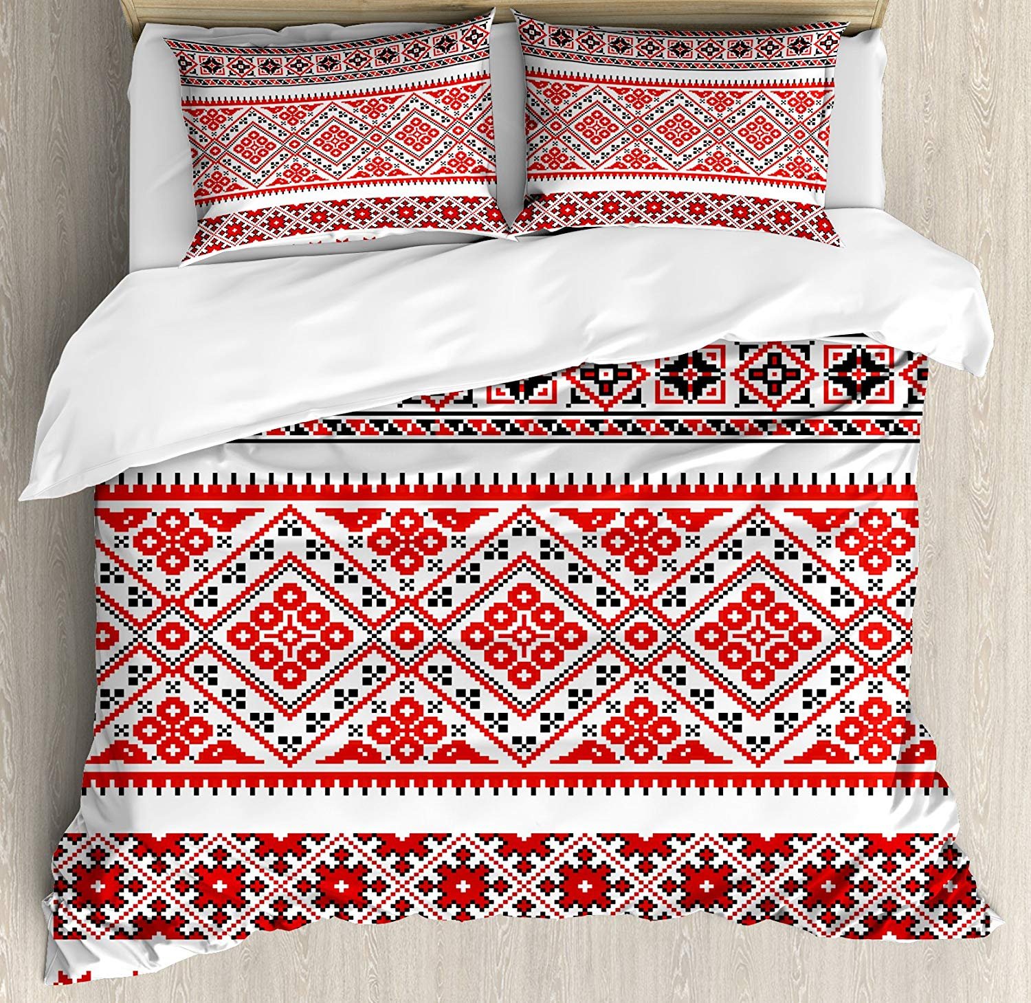 3-Piece Ukrainian Traditional Border Bedding Set - King Size Duvet Cover & Pillowcases with Vintage Cultural Motifs for Kids, Teens & Adults | Perfect for Ethnic Home Decor & Cultural Themed Bedrooms